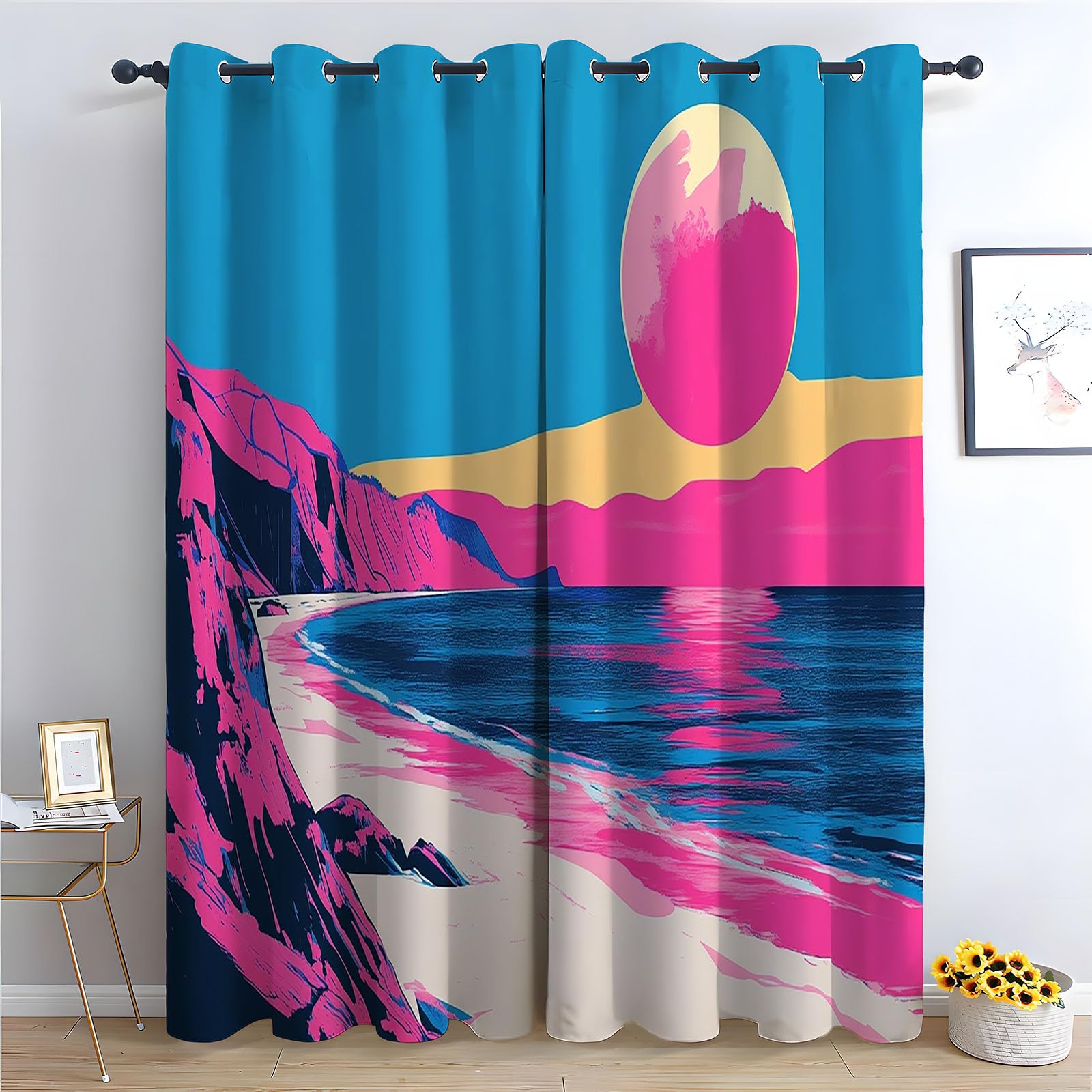 WIKEO Curtains for Living Room Graffiti Ocean Sunset Blackout Grommet Drapes Printed Pattern Floral Window Curtain Panels for Bedroom Aesthetic, 2 Panels Set-52 W x 96" L (Pack of 2)