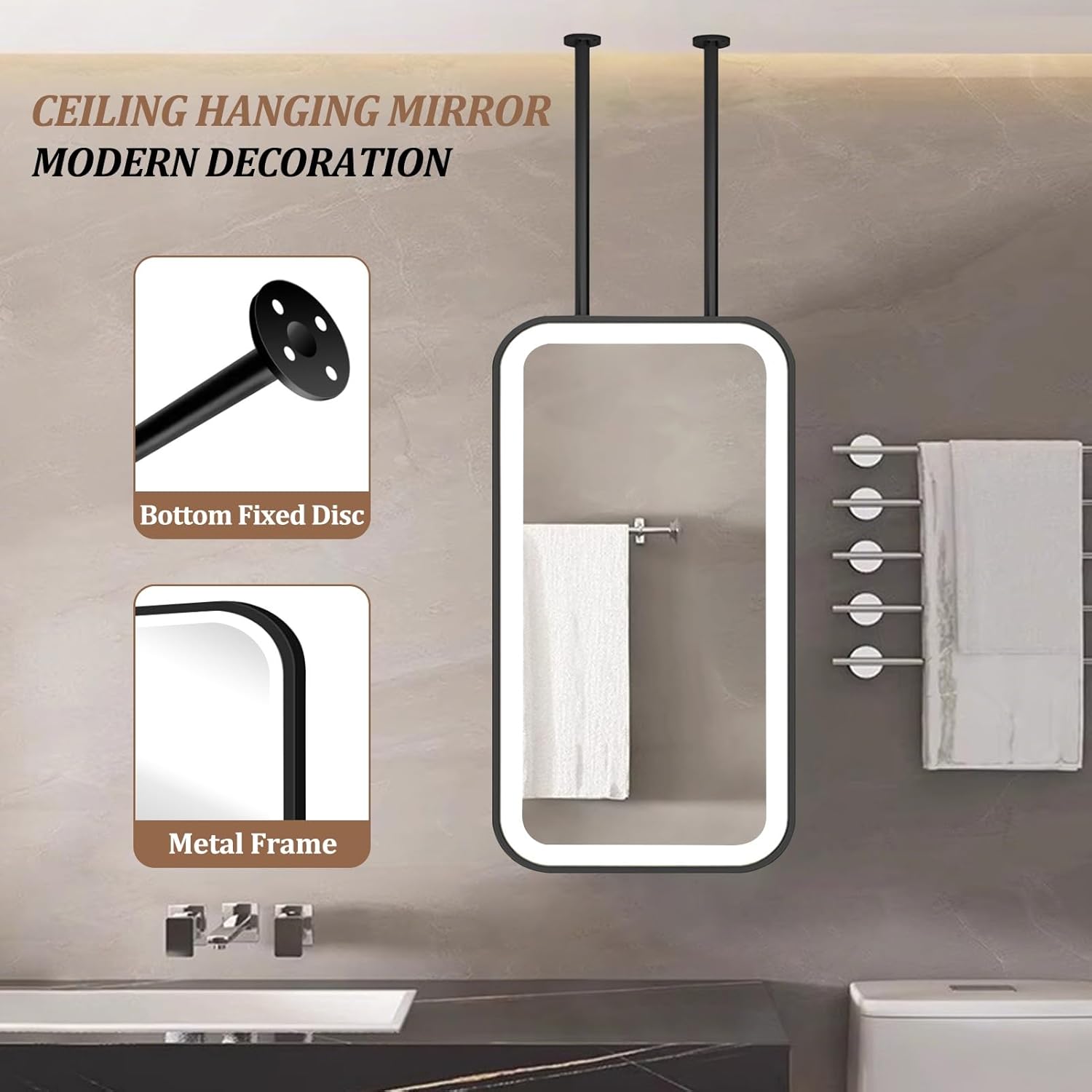 LEDミラー 天井吊り下げ式 バスルームミラー シンク上用 長方形 化粧台 壁掛けミラー 3色ライト ブラックメタルフレーム(40c