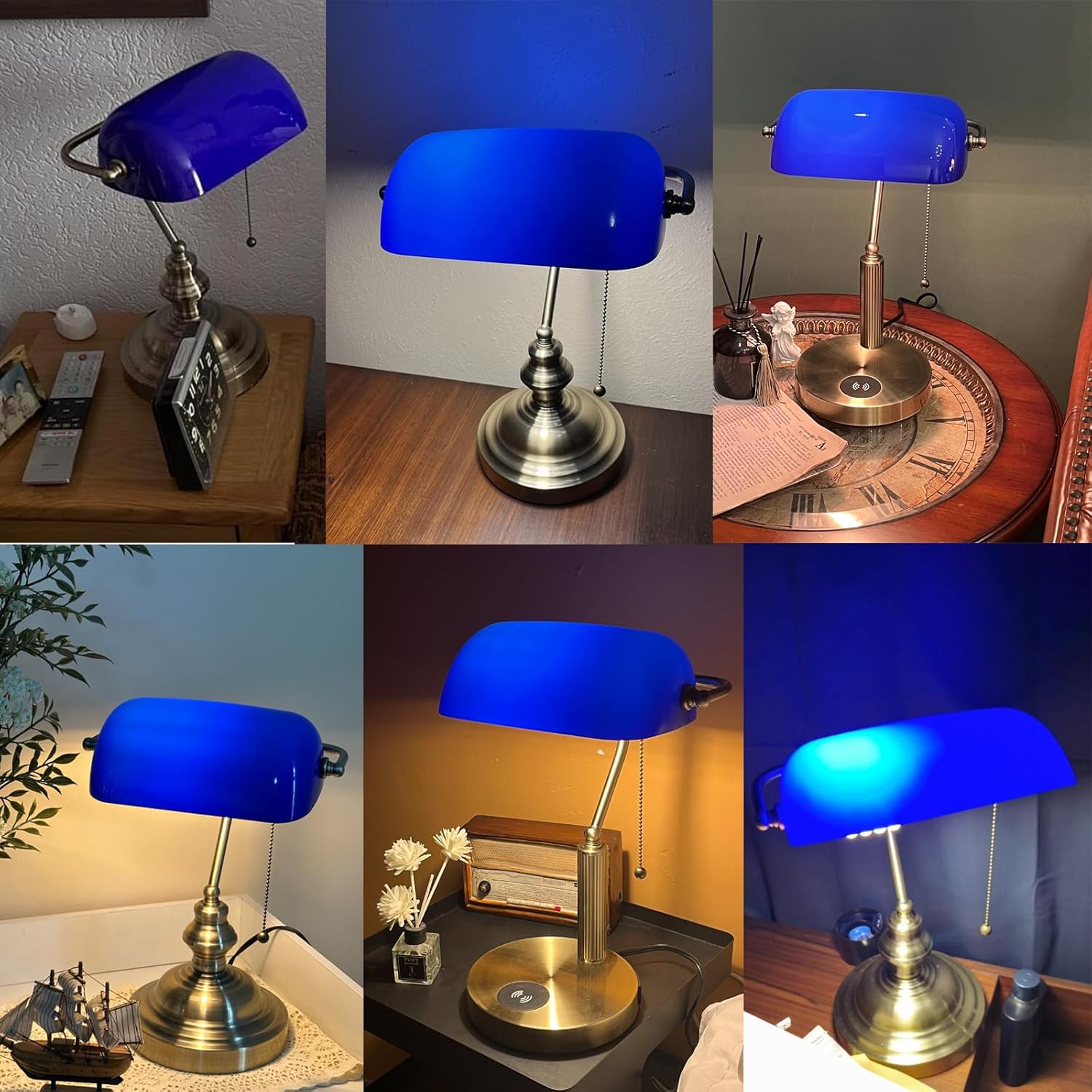 FIRVRE Glass Bankers Desk Lamp with Wireless Charger, 2 USB Charging Port, Blue Glass Bankers Lamp Shade Replacement Cover Lamp Shades