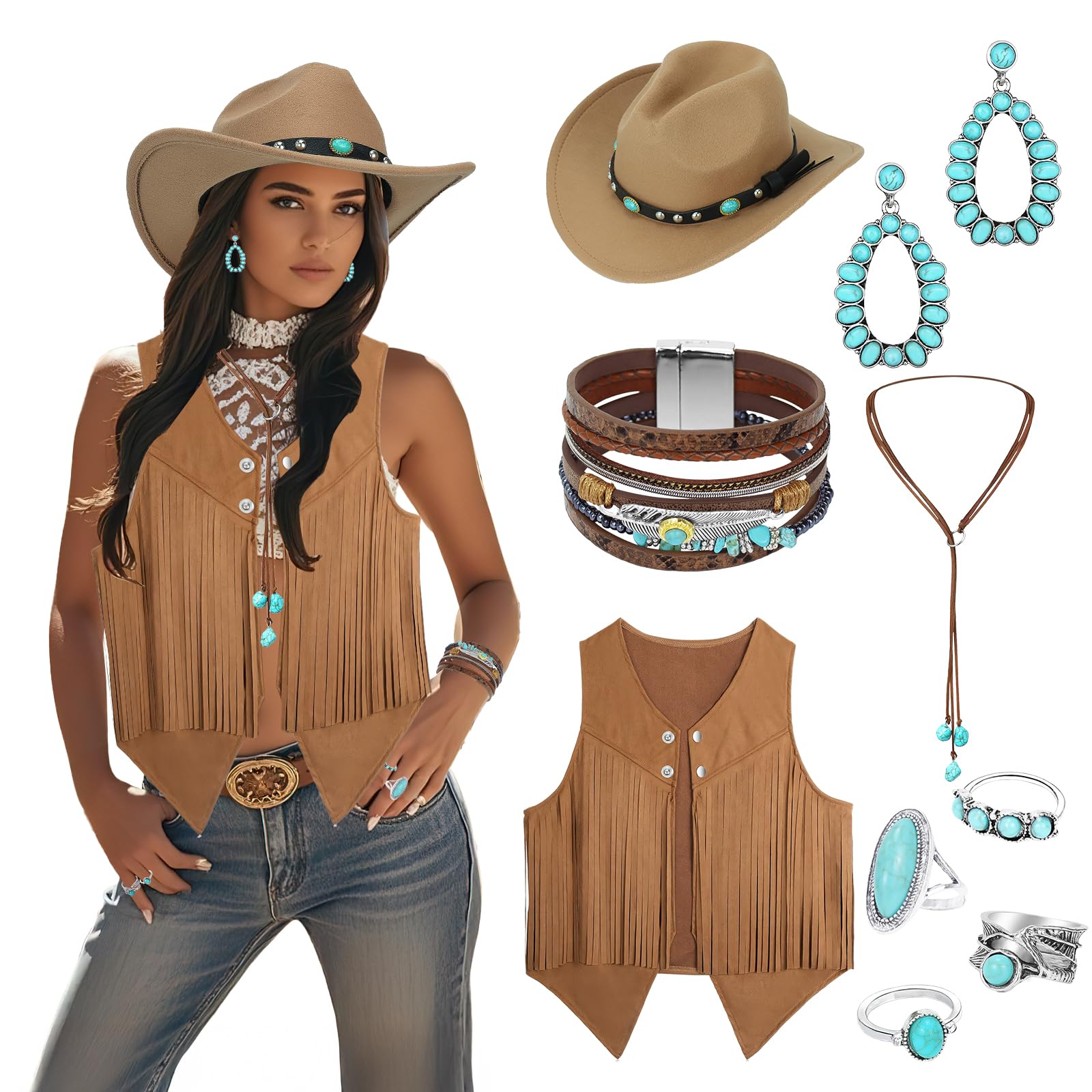 OJMHD Cowgirl Outfits for Women, Western Costume Accessories with Tassel Vest Cowboy Hat Turquoise Necklace Bracelets Ring for Halloween Cosplay Hippie Party (Brown, L)