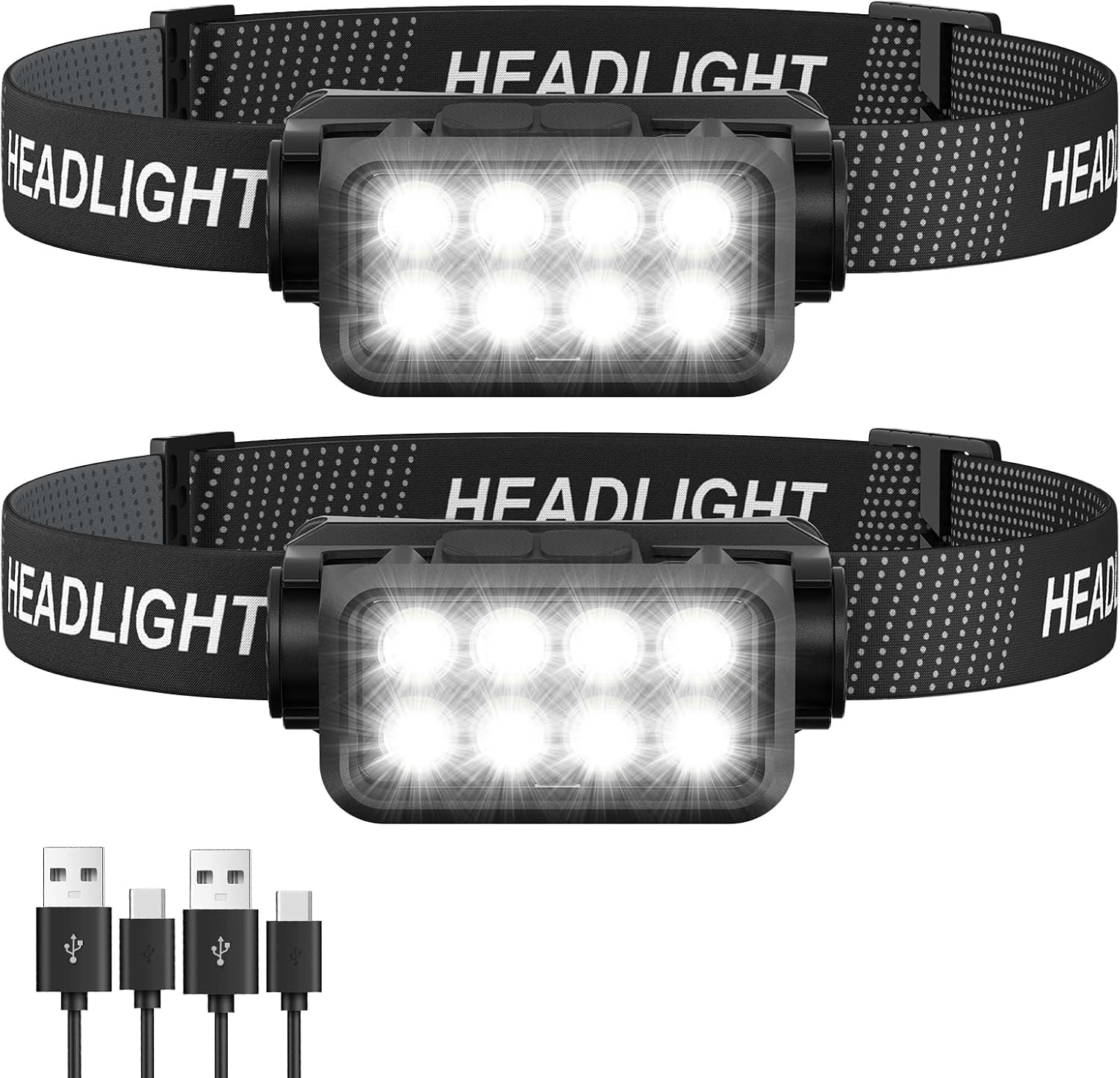 head torch rechargeable 2-pack, 8 led 2500l super bright headtorch with motion sensor, waterproof & 10 light modes headlamp headlight, long runtime head lamp for kids & adults camping running fishing