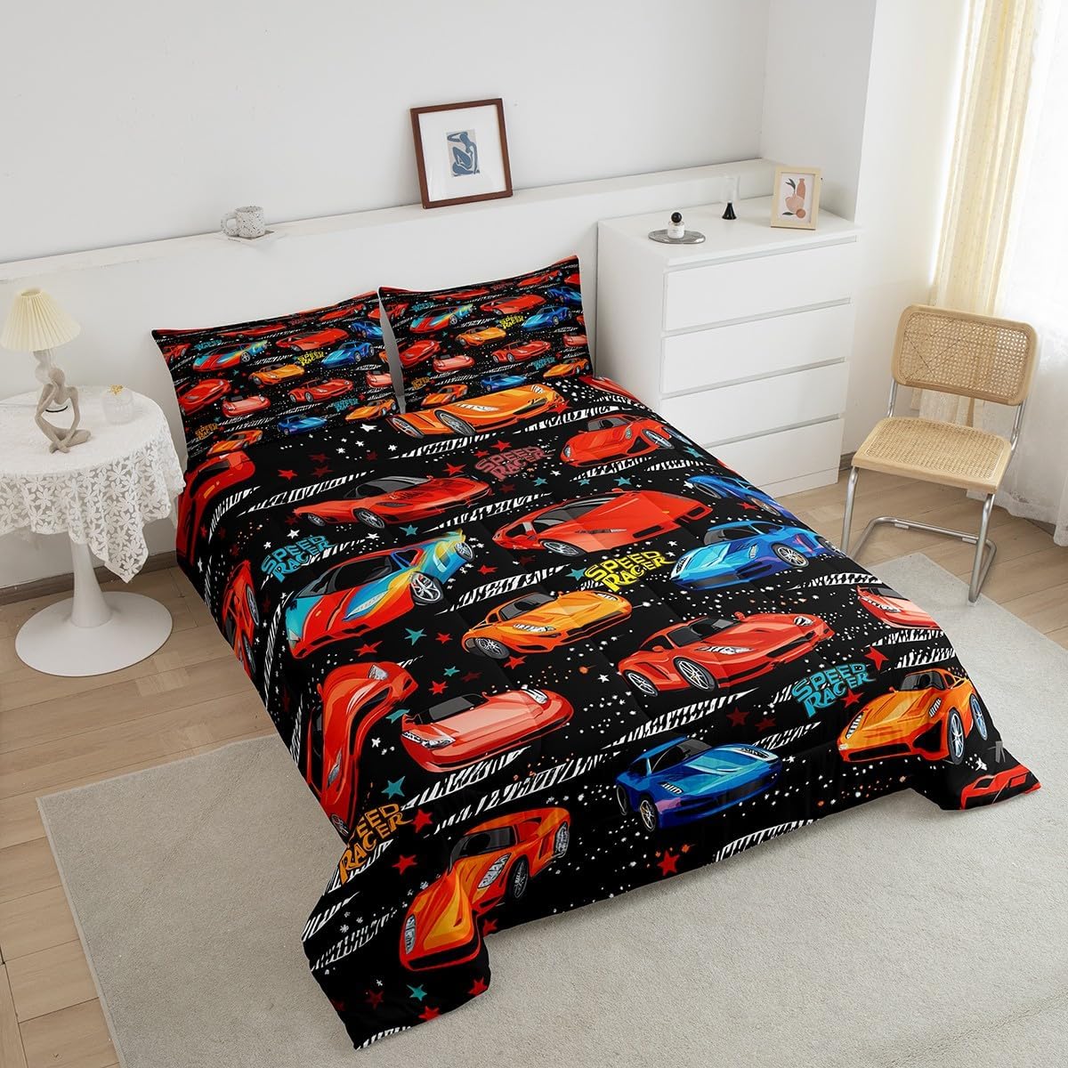 Race Car Comforter Set For Teens, Speed Sports Car Bedding Set Twin Size, Racing Car Quilted Comforter For Kids Boys Adult Bedroom, Extreme Sport Automobile Down Comforter With 1 Pillow Case