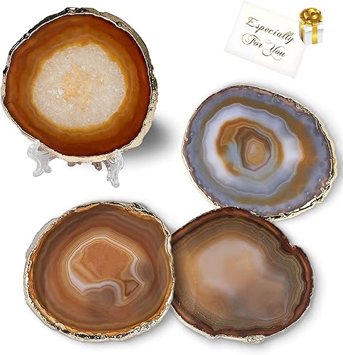Miniatura 13 de Juego de 4 posavasos de ágata verde, geoda natural con rodajas de ágata y borde dorado, 4 x 3.5 pulgadas, posavasos de piedras preciosas para Verde