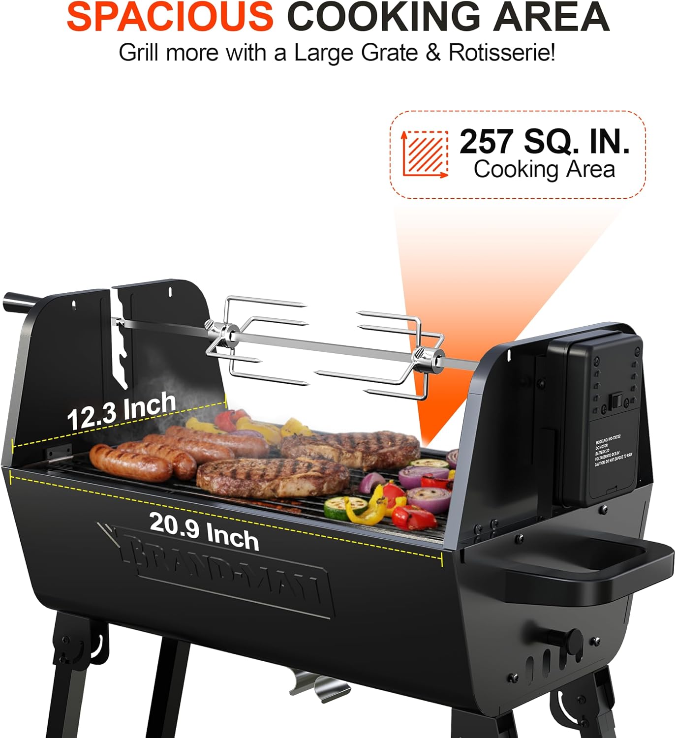 Brand‑Man 2‑in‑1 Charcoal BBQ Grill with Motorized Rotisserie – Portable, Foldable Grill, 257 sq in Outdoor BBQ Grill for Camping & Tailgate, Adjustable Height, Dual Vents