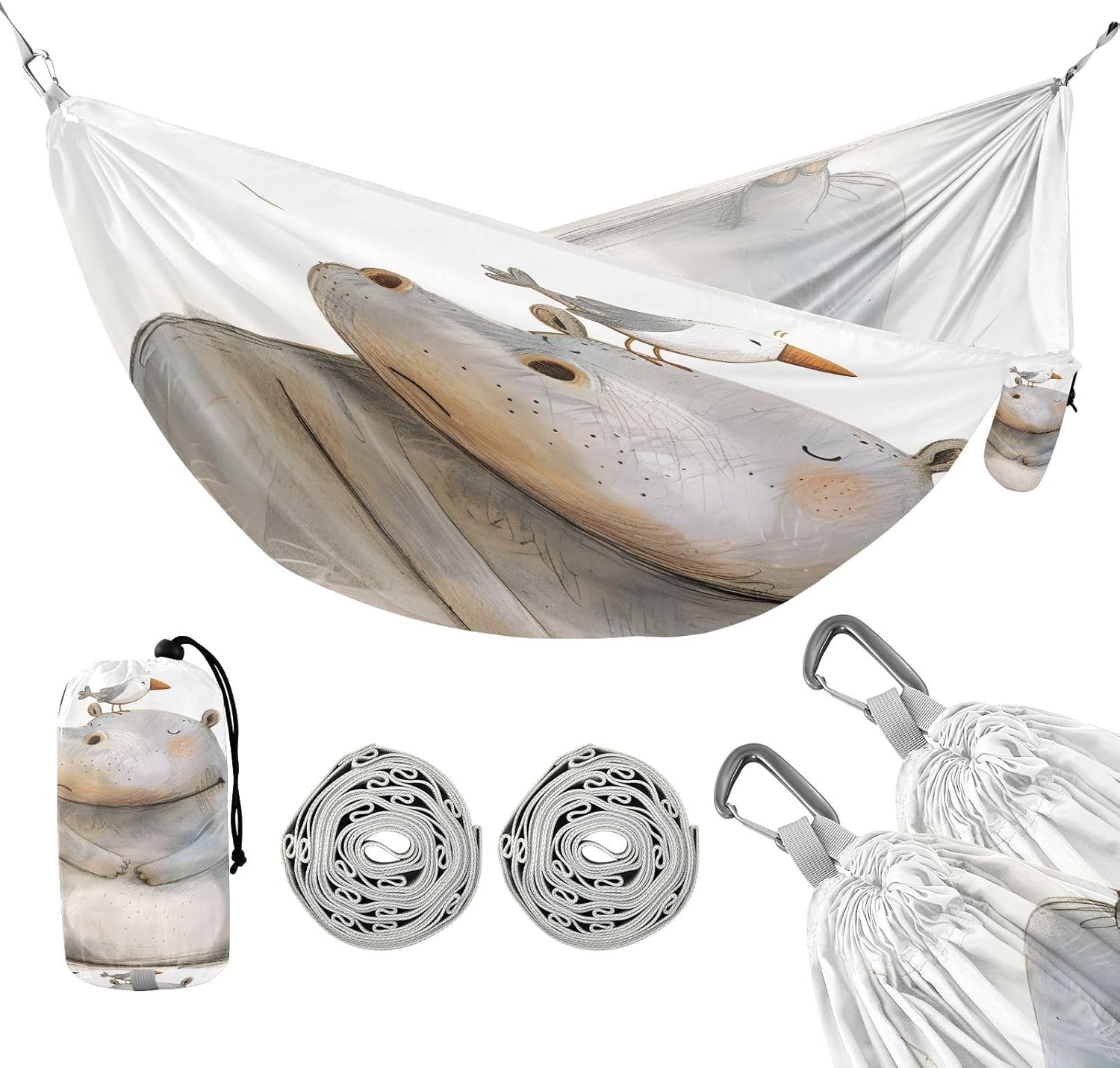 ALAZA Hippo Hippopotamus and Bird Camping Hammocks Single or 2 Person 500 lbs Portable Parachute Travel Hammock w/Tree Straps for Hiking Backpacking Indoor Outdoor