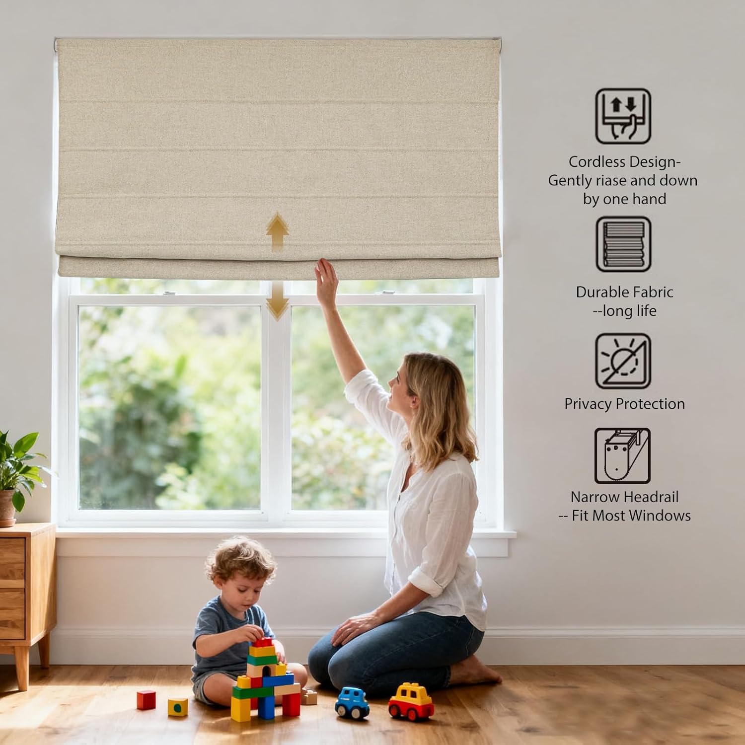 Cordless Roman Shades for Windows, Blackout Roman Blinds for Home, Room Darkening Custom Fabric Roman Window Shades, Living Room, Bedroom, French Doors, Beige