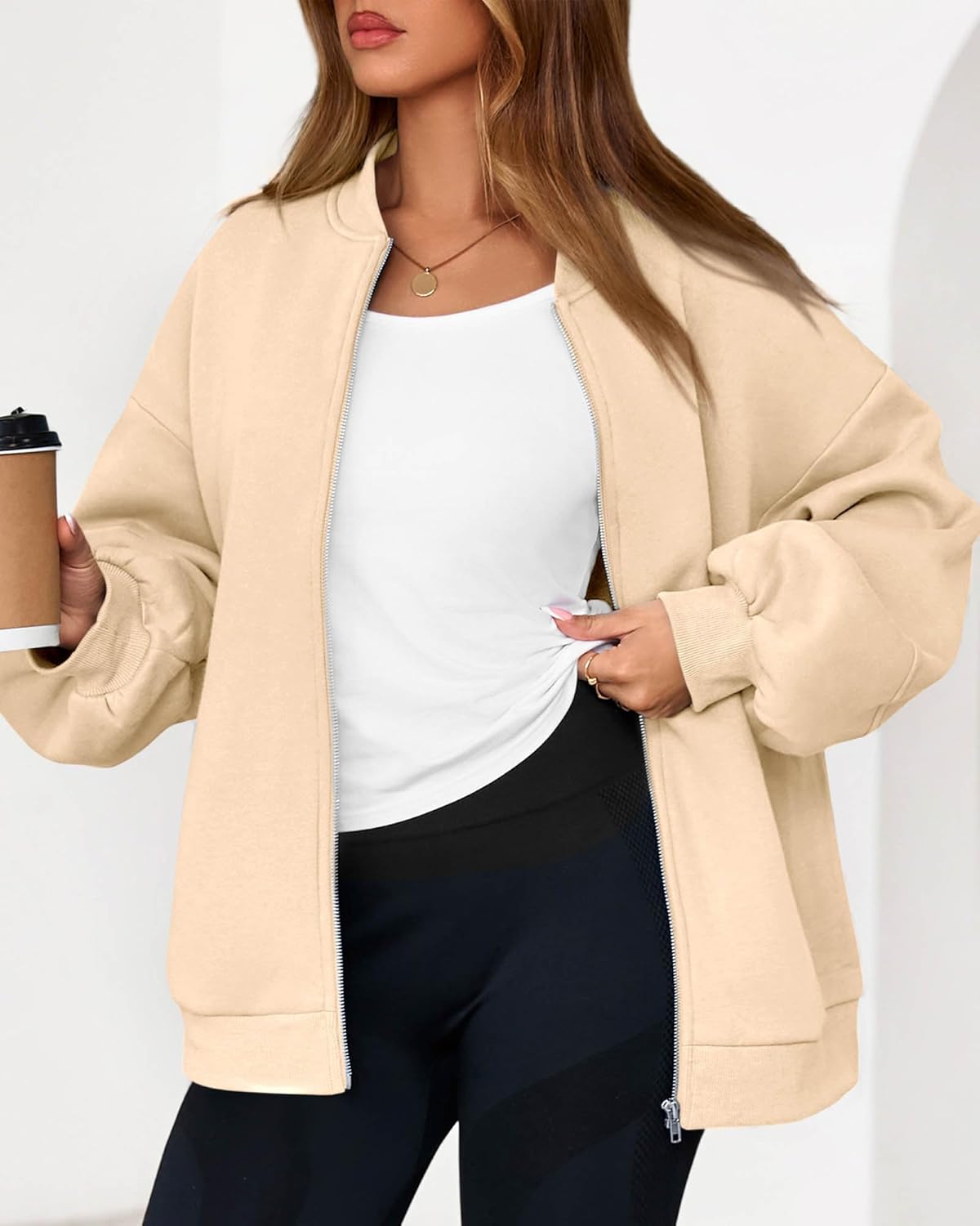 KIRUNDO Oversized Sweatshirt for Women Zip Up Bomber Jacket 2026 Fall Fashion Casual Long Sleeve Outerwear Winter Outfits - Image 8