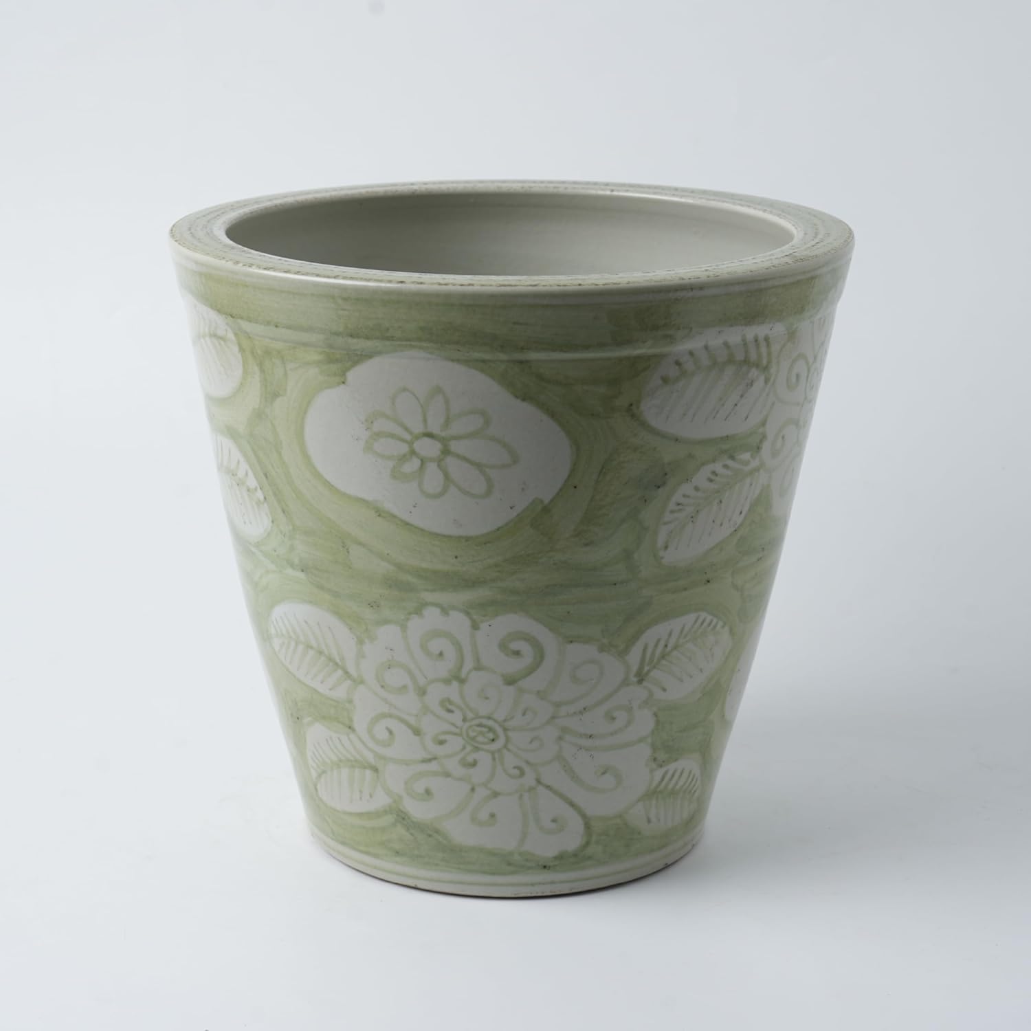 Ceramic Planter 10.24 Inch Large Plants Pot - VintageHand-Painted Blue and White Pattern Home Decoration,Ceramic Flower Pot Indoor & Outdoor Flower Pots (Light Green)