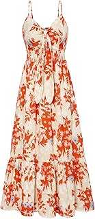 Women's 2025 Summer Maxi Dress Floral Tie Front Spaghetti Strap Casual Boho Beach Flowy Sundress with Pockets - Buy now