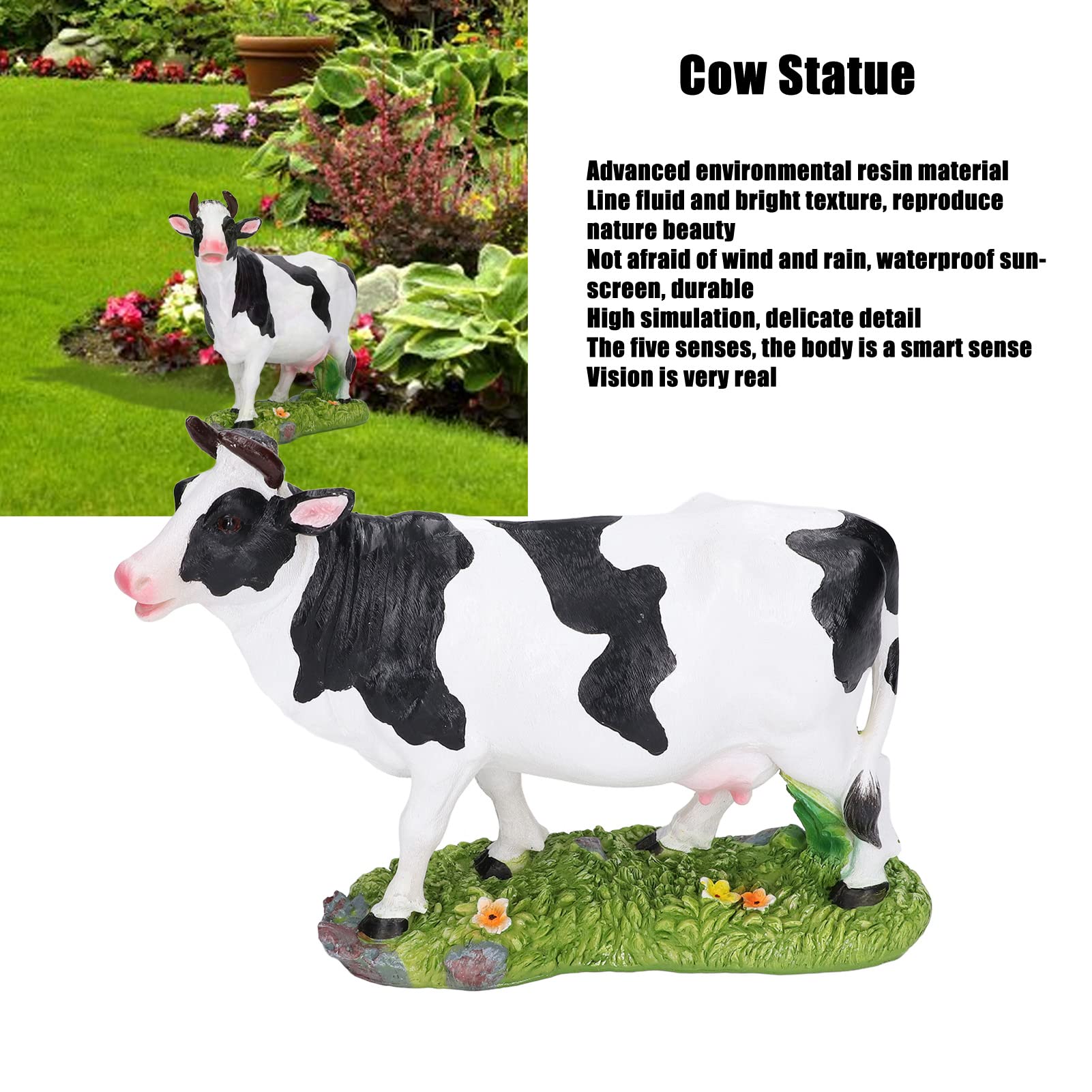 Statua di Mucca Decorativa da Giardino All'aperto, Figurina di Animale Carino in Resina, Statuetta da Collezione per Decorazione Esterna
