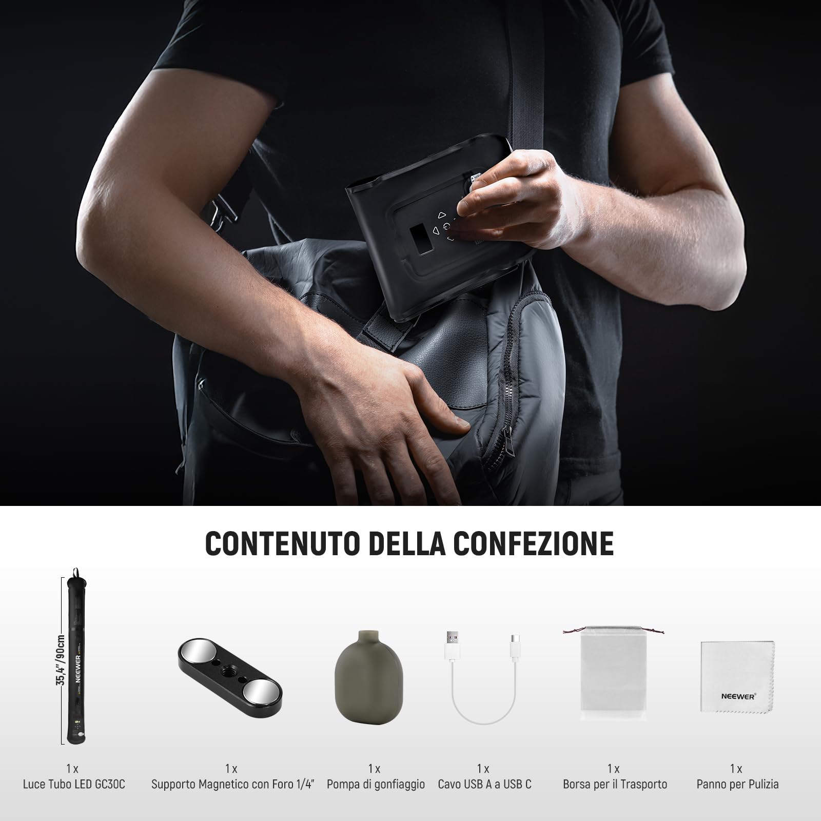 NEEWER BASICS Luce Tubo RGB Portatile da 30W 90cm, Luce Gonfiabile per Video Palmare in TPU, 3000Lux 2700-6500K CRI95 5000mAh Type C Ingresso 45W/Uscita 30W per Foto Video Studio Streaming, GC30C
