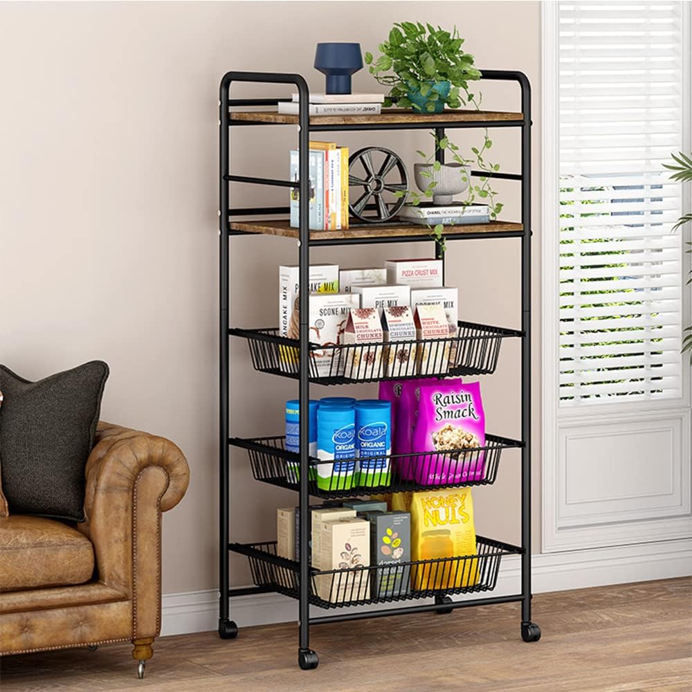 5-Tier Kitchen Rack, MOAMUN Metal Standing Shelf Heavy Duty Storage Shelving Unit Organizer, Freestanding Metal Wire Storage Rack with Wheels for Kitchen Bathroom Garage Pantry