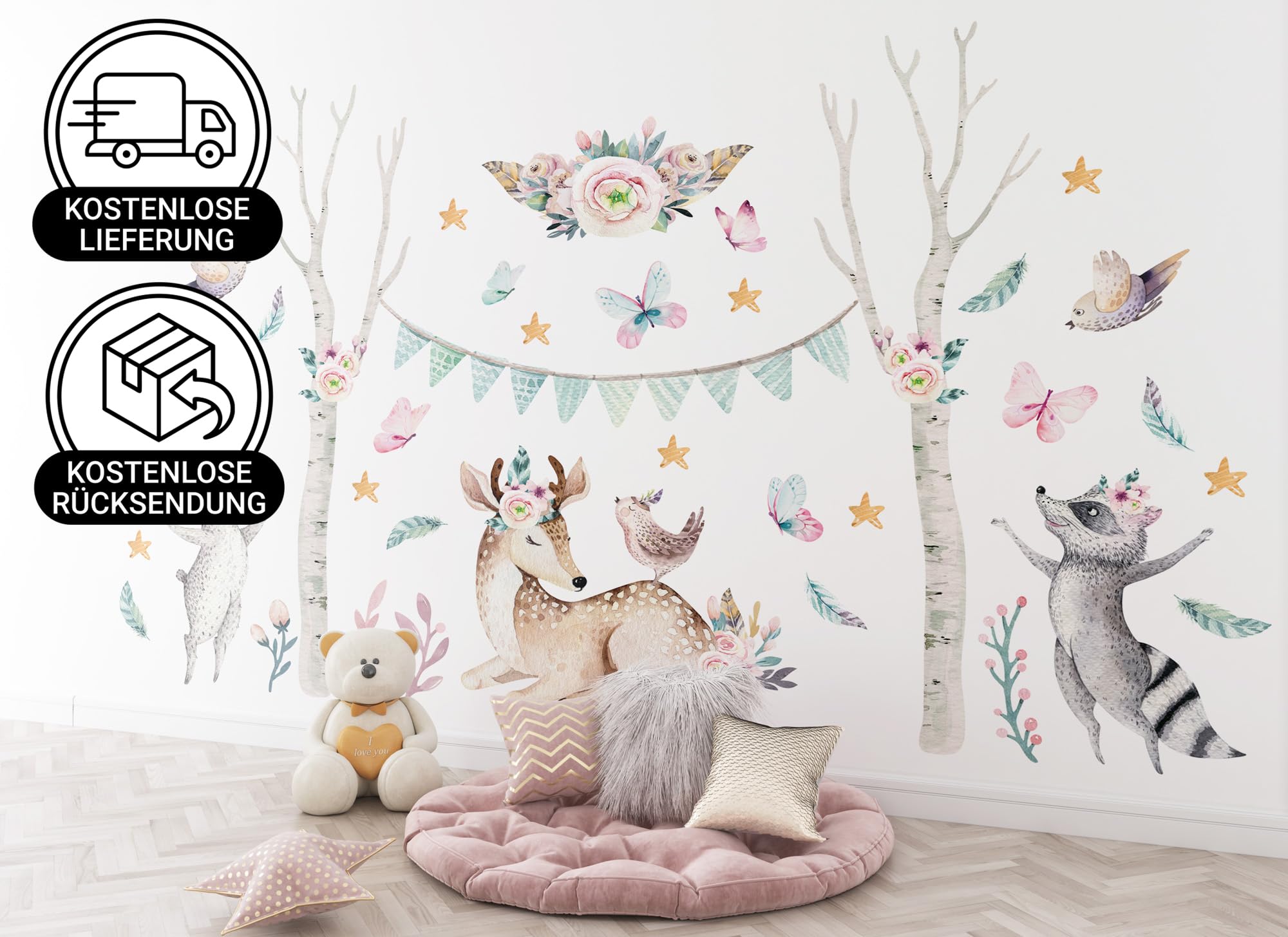 Wandtattoo Kinderzimmer Waldtiere I Wandsticker Jungenzimmer Kinderbilder Tiere | Wanddeko Babyzimmer Kindertapete Wald | os3670 (250x150cm)