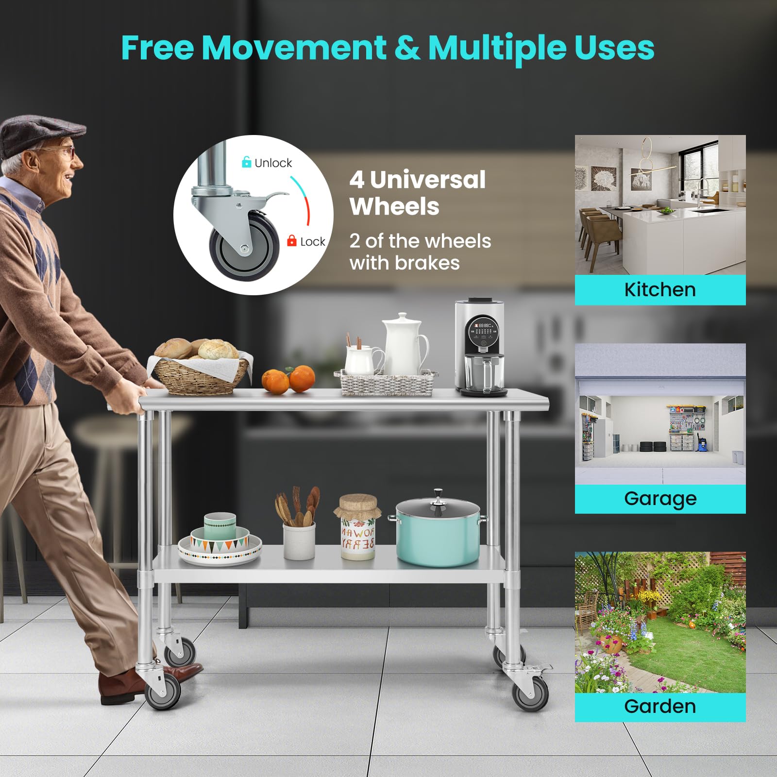 GIANTEX Mesa de Acero Inoxidable con Ruedas Universales, Carrito de Trabajo con Sobremesa Amplia y Estante Inferior Ajustable, Mesa de Preparación de Metal Móvil para Cocina, Restaurante