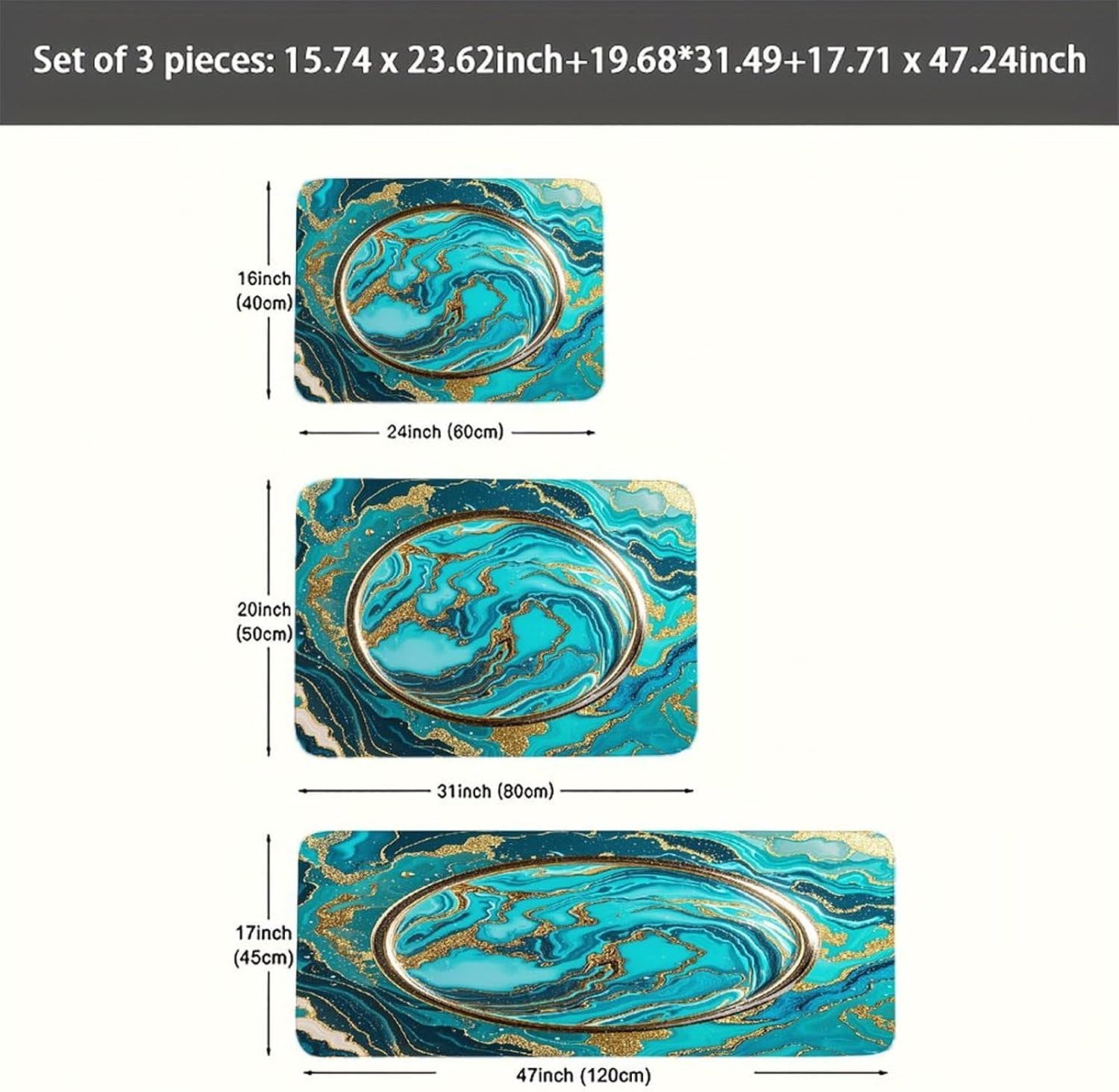 Turquoise Blue Gold Marble Kitchen Rugs Sets of 3 Washable Non Slip Kitchen Rug Water Resistant Carpet Piece Anti Fatigue Kitchen Mats Soft Comfort Standing Mat Modern Area Rug