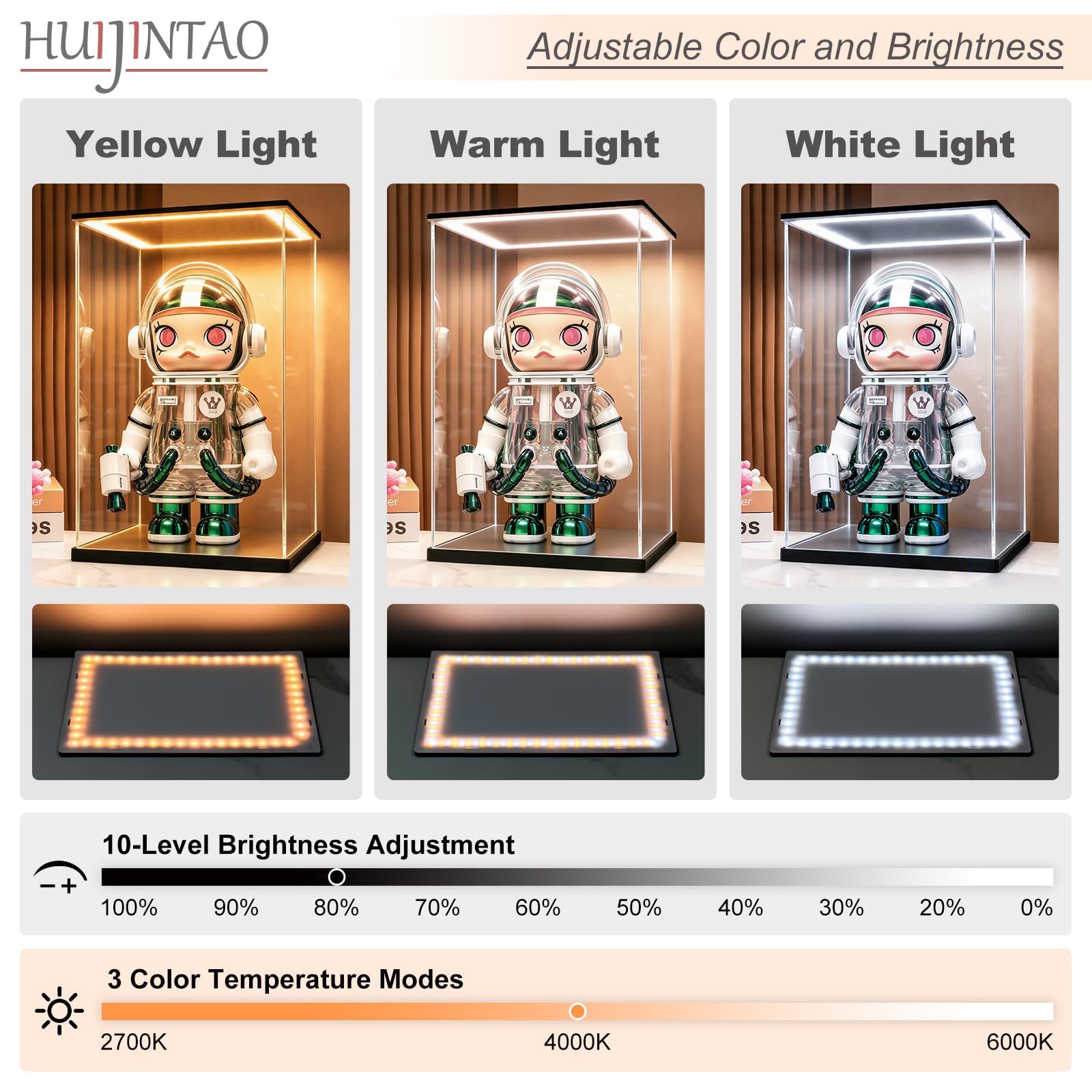 Acryl Vitrine mit LED Beleuchtung, Schaukasten für Figuren 30x30x30 cm | Vitrine für Staubdicht und UV-Schutz, Beleuchtet Acrylbox, Helligkeit einstellbar, Display Case mit 3 Leuchtungsmode