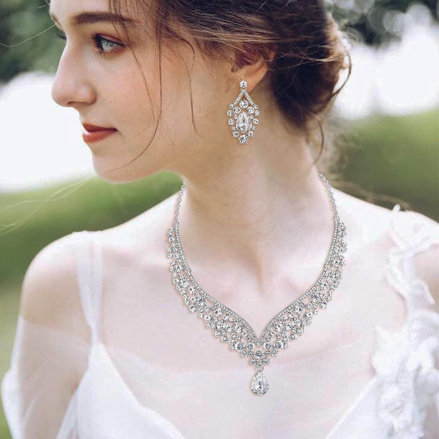 EVER FAITH Wedding Jewelry for Bride Austrian Crystal Elegant V-Shaped Teardrop Bridal Prom Statement Necklace Earrings Set for Women - Image 2