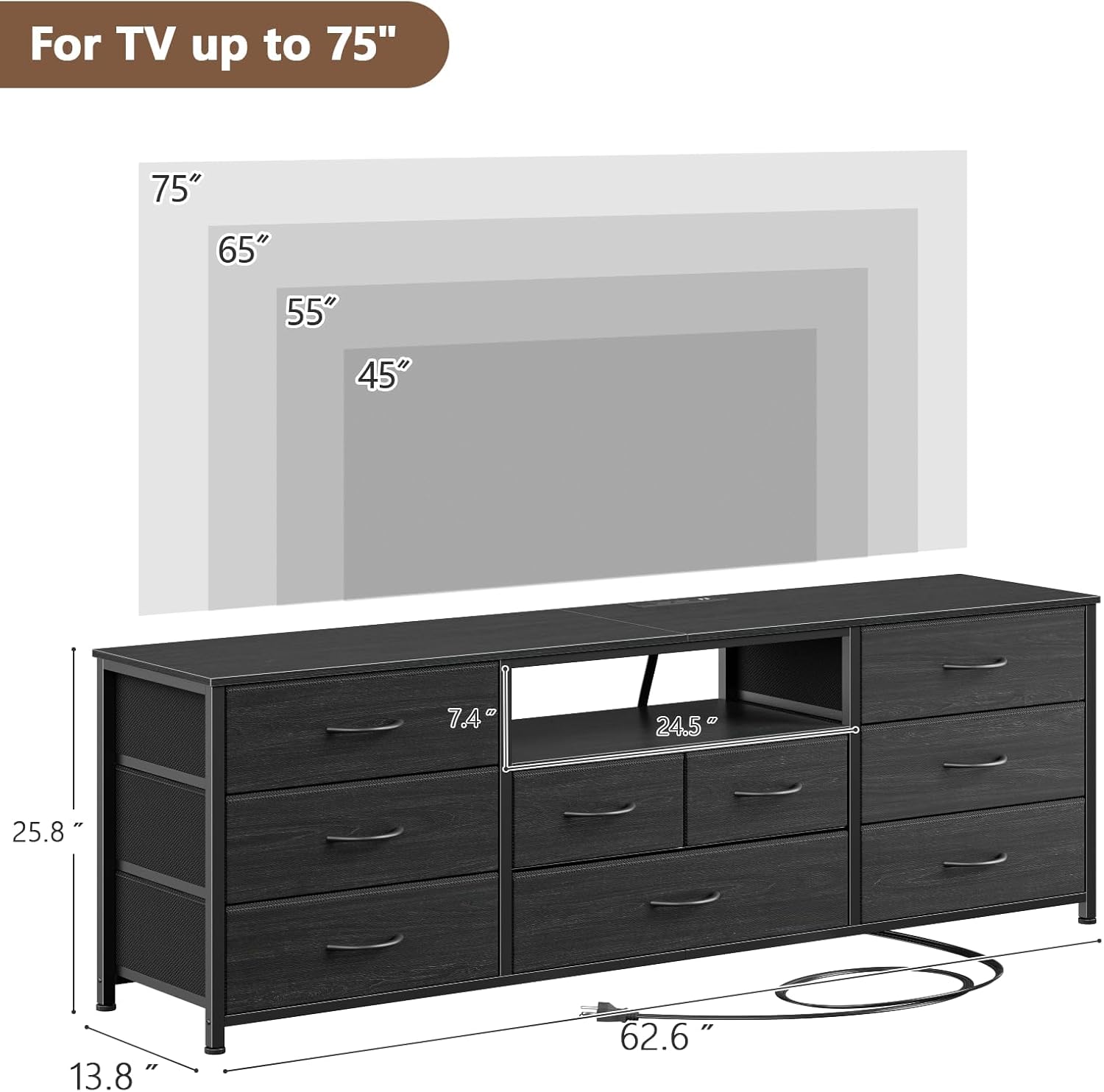 Diagram showing the dimensions of the Furnulem dresser and its compatibility with various TV sizes up to 75 inches.