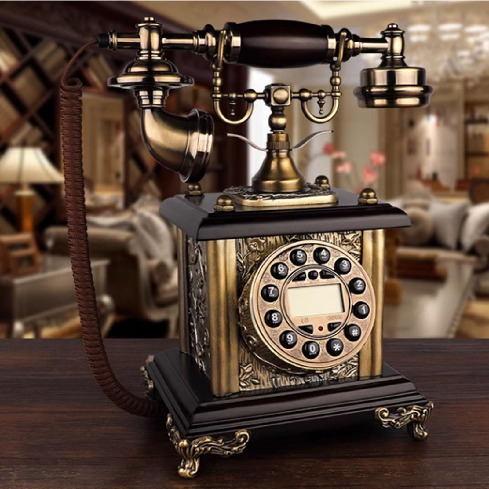 Telefon z przyciskiem Retro Drewniany telefon przewodowy Telefon stacjonarny Vintage Telefon stacjonarny Dekoracja domu/biura