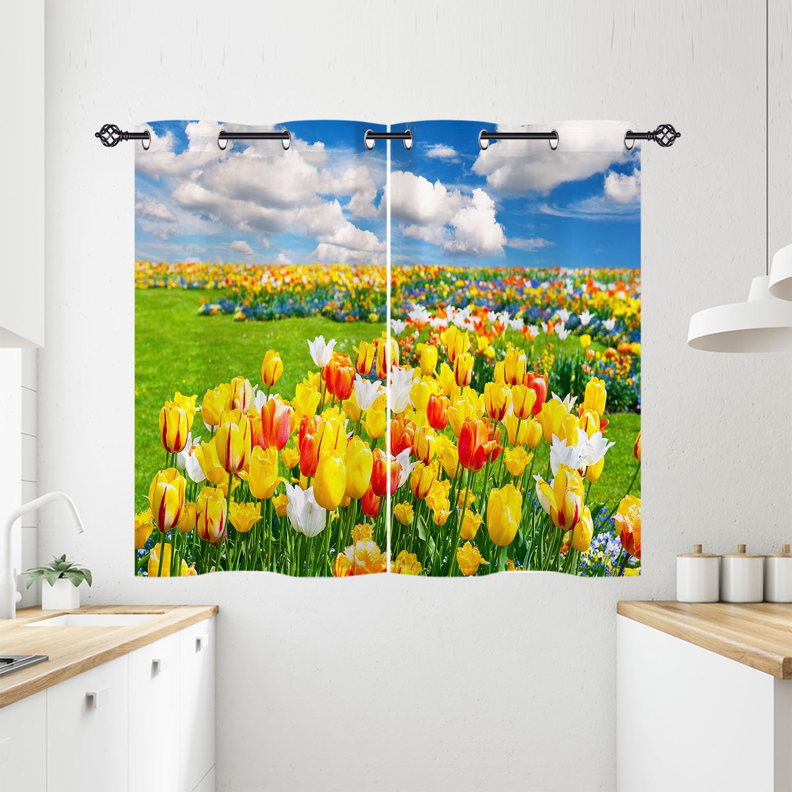 ANHOPE Tulip Curtains Eyelet Thermal Insulated Blackout Curtains Nature Scenery Tulip Flower Print Pattern Ring Top Drapes for Kids Girls Bedroom Living Room 28 x 54 Inch Drop 2 Panels