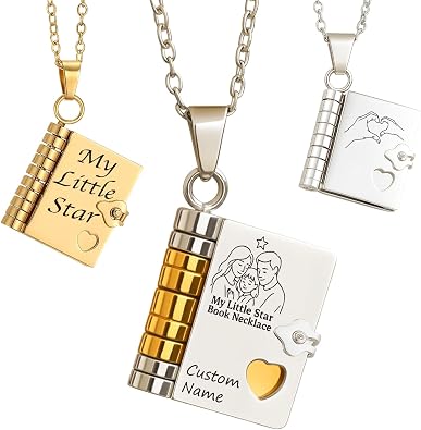 Personalized Book Necklace for Women Custom Engraved 7 Pages Necklace with Name My Little Star Book Necklace for Daughter Memorial Gifts for Her Wife Family Birthday Anniversary Christmas