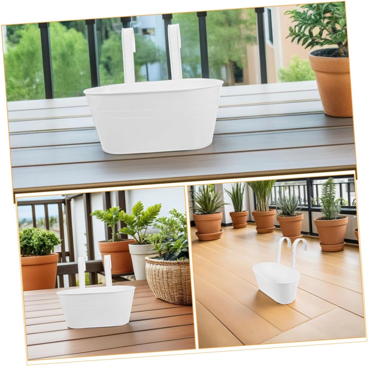 OSALADI 3pcs Wrought Iron Hanging Planters for Balcony Railings, Oval White Metal Flower Pots with Detachable Handles, Outdoor Garden Porch Deck Plant Baskets