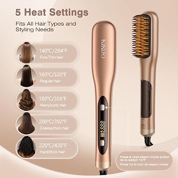 Steam Hair Straightener Brush, Steamline Pro 3 in 1 Straightening Brush, Curly & Frizzy Hair,Smooth Without Flattening, 5 Temp Settings & LED Display, Dual Voltage, Professional Tools, Vivid Orange