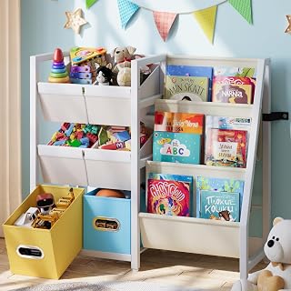 LATIBELL Kids Bookshelf Toy Storage Organizer: 6 Bins, 3 Sling Shelves for Toddler Nursery Montessori Book Display
