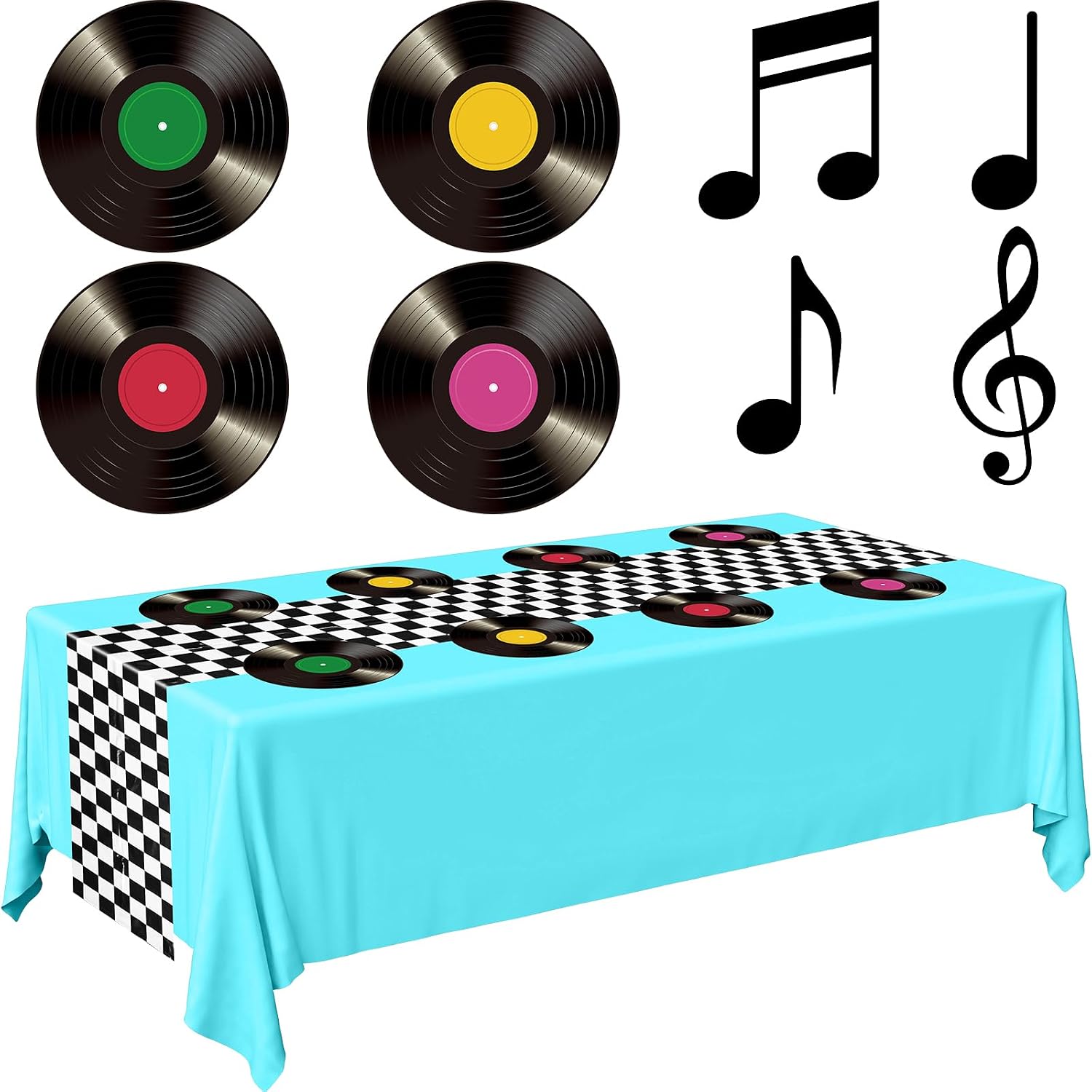 Oudain 50s Theme Party Decorations and Supplies, Car Birthday Party Supplies Retro Record Paper Placemats, Racing Tablecloth, Table Runner, Music Sign Cutouts for Diner Decor(Blue)