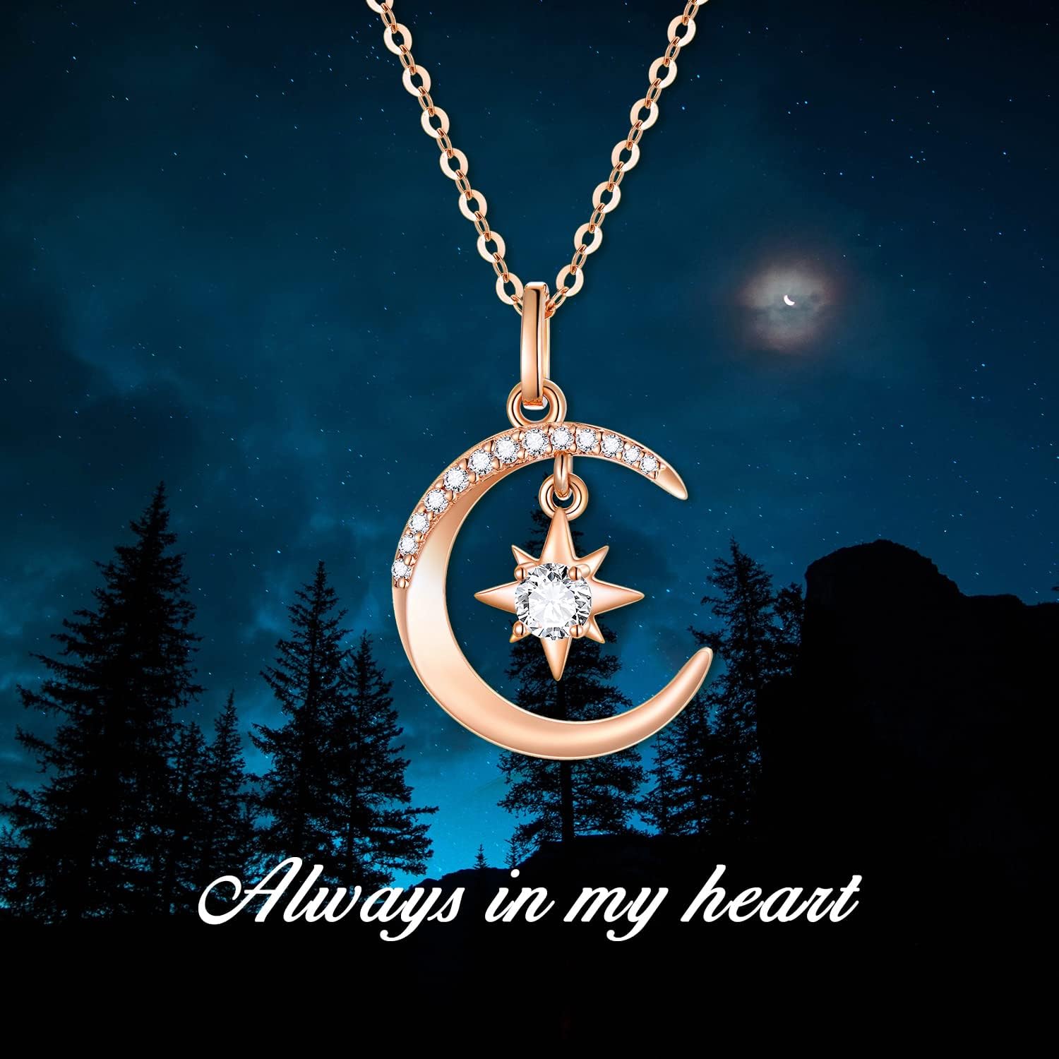SISGEM 14k Rose Gold Moon Necklace for Women, Real Gold Moon and North Star Pendant with Chain, Jewelry Gifts for Her, 16+1+1 Inch - Image 5