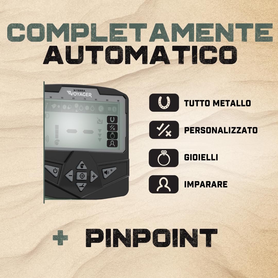 Minelab X-Terra Voyager All-Terrain Professional Pinpointing Metal Detector per Adulti con Bobina Impermeabile, 4 Modalità di Rilevamento (Kit Completo con Cuffie, Zaino, Pala Profonda)