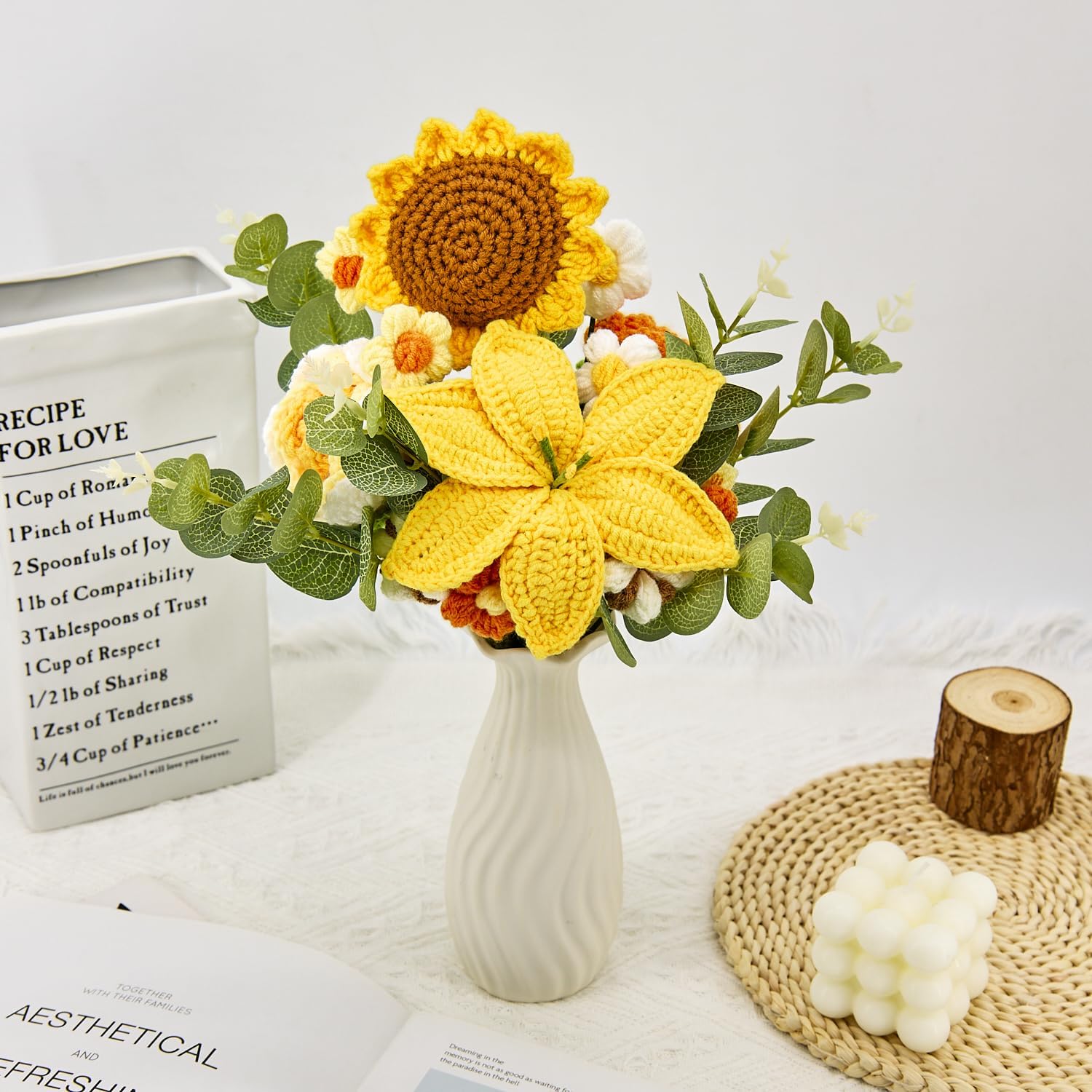 YSHomy Crochet Flowers,Crochet Flower Bouquet with 14 Crochet Flowers, Sunflowers, Roses,Lily Yellow Bouquet for Birthday,Graduation,Valentine's Day,Get Well Gifts (Include Cards) - Image 3
