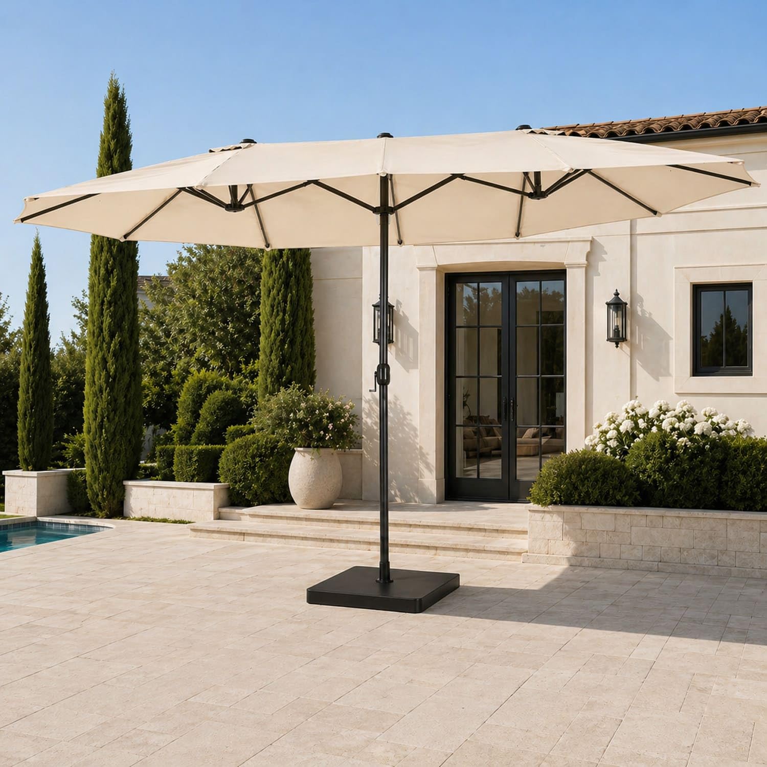 Ombrellone Doppio Da Giardino Parasole 4.6 x 2.4 M Per Esterno Piscina Terrazzo Con Palo In Acciaio E Tessuto In Poliestere Impermeabilie Anti UV Apertura A Manovella Colore Beige
