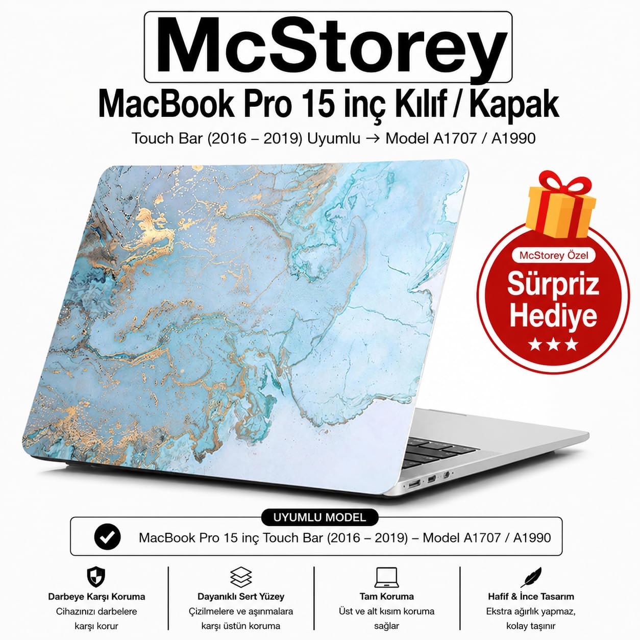 McStorey MacBook Pro 15 Mermer Desenli Kılıf A1707 A1990 Uyumlu Baskılı Sert Kılıf İnce Hafif Koruyucu Kapak R-38