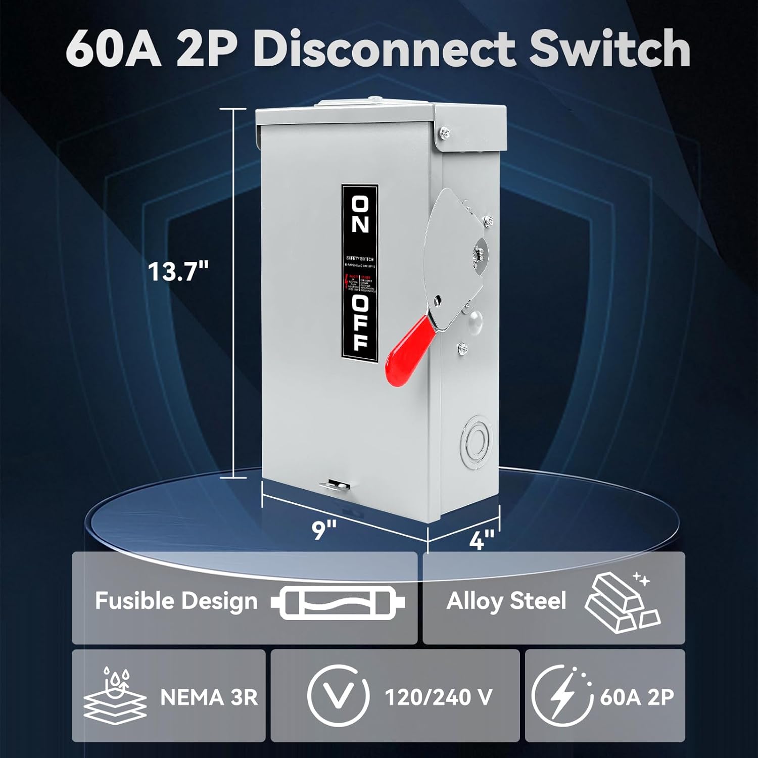 60 Amp Disconnect Box, 2 Pole Fusible Safety Switch, 110/240V, Heavy Duty Metal Structure, Reserved Knout-Outs Design, NEMA 3R Enclosure for Outdoor, 10-Year Warranty, Ideal for Commercial Application