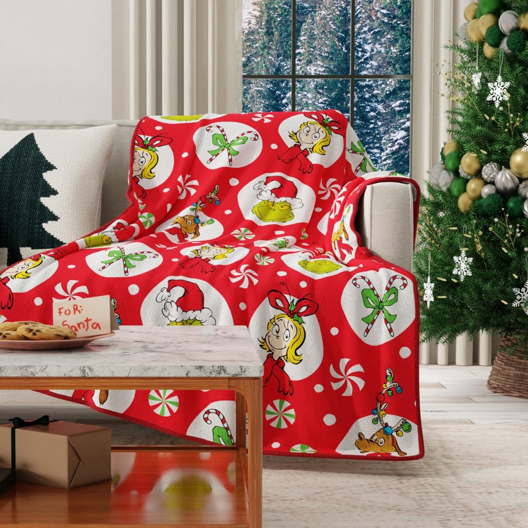Franco Collectibles The Grinch by Dr. Seuss Holiday Christmas Super Soft Cozy Plush Throw, 40 in x 50 in, (Officially Licensed Product)