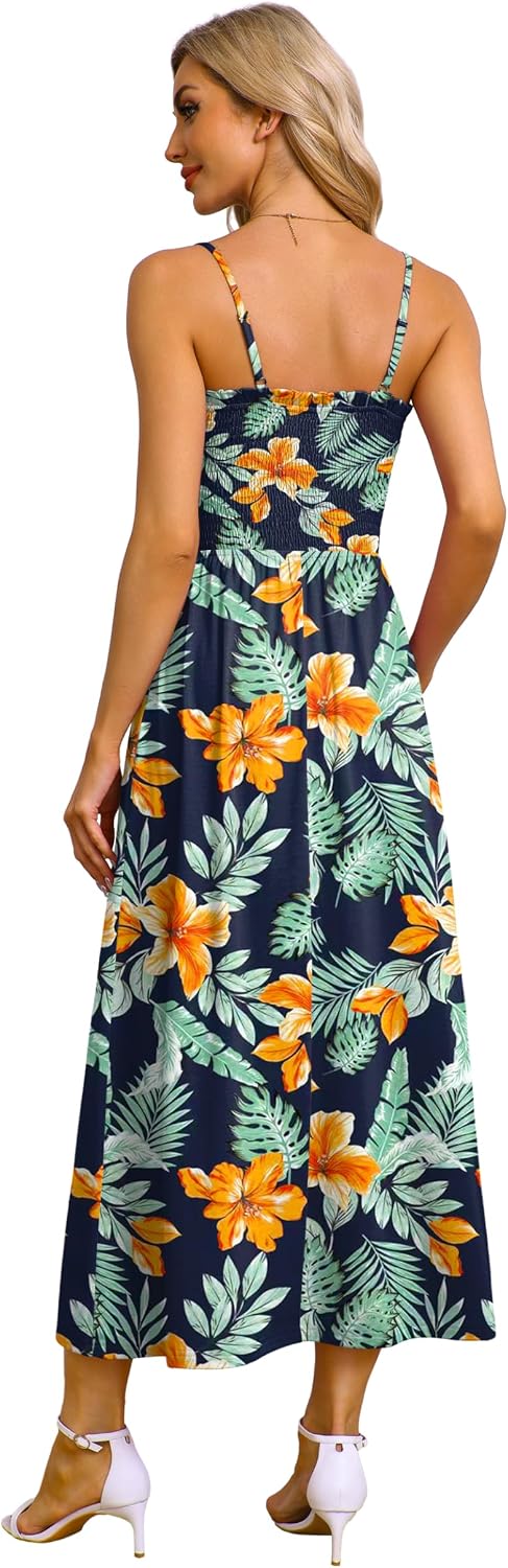 OFEEFAN Womens Spaghetti Strap Maxi Dresses Smocked with Pockets 2026 Summer Spring Casual Boho Beach Long Sundresses thumbnail