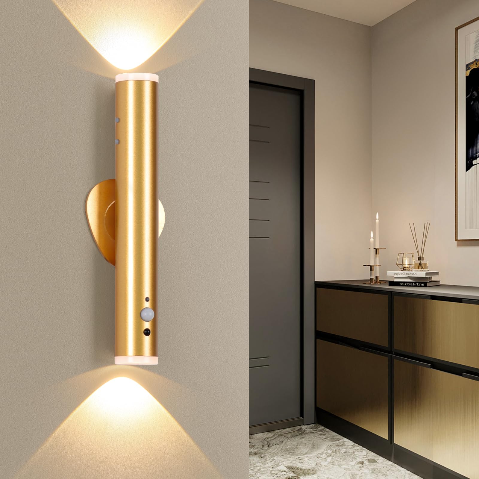 DESGNT Rechargeable Wall Lights Motion Sensor,Battery Operated Wall Light with ‎Remote Control,LED Wall Sconces Indoor,Portable Magnetic Wireless Wall Lights for Bedroom Hallway Stairway Porch