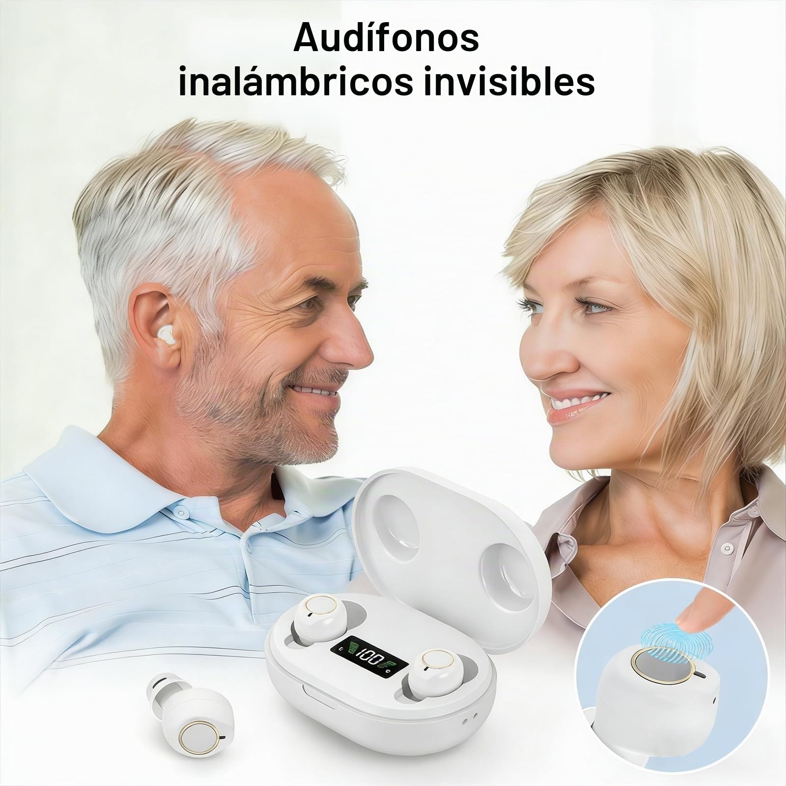 Dispositivo de sonido recargable para personas mayores y adultos, dispositivo de audio digital con auriculares intrauditivos ligeros de 3.2 g, encendido antiaullidos, controles táctiles y funda de