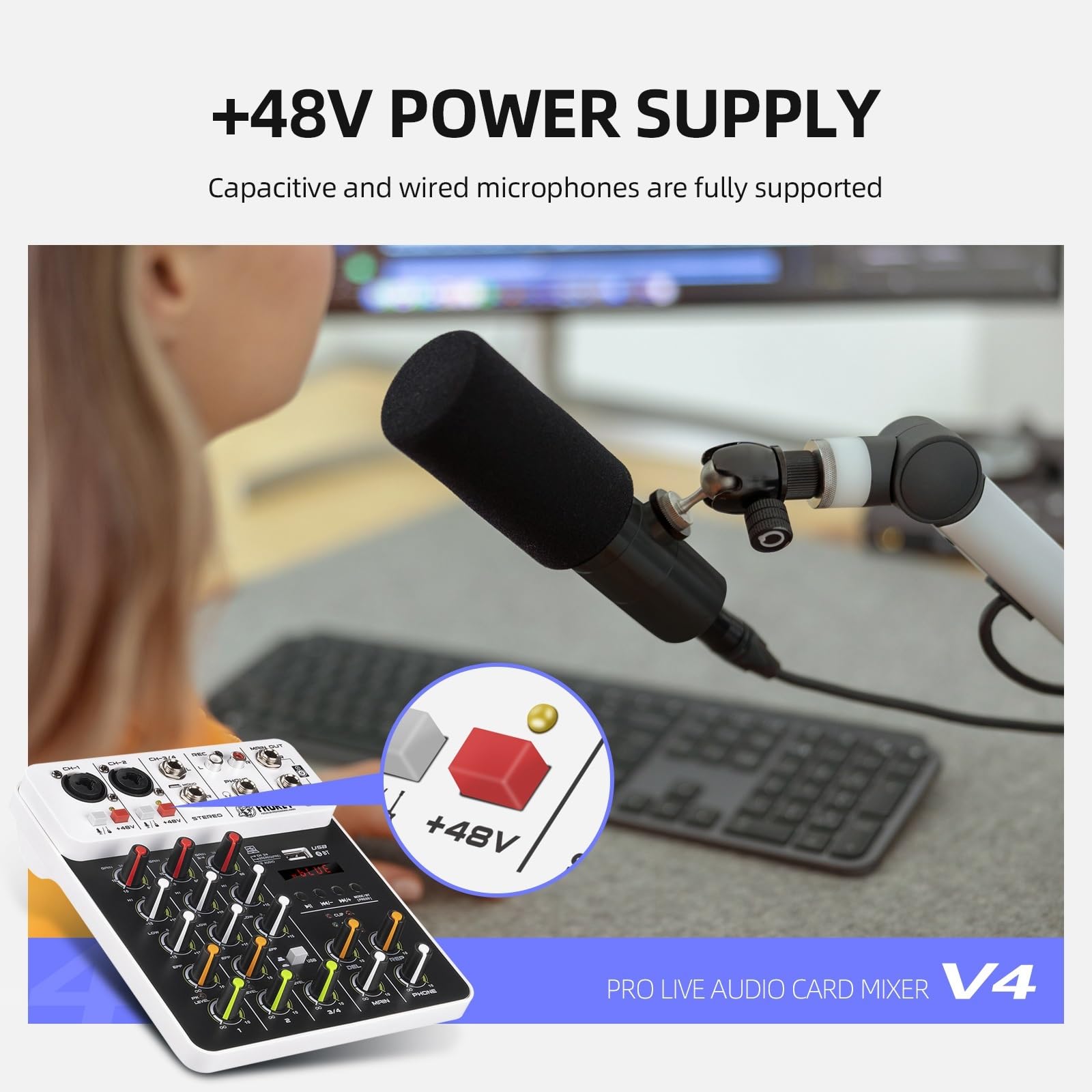 Mixer Audio, Mixer audio a 4 canali 2 pezzi, mixer controller DJ con alimentazione Phantom Bluetooth 5.0 48V