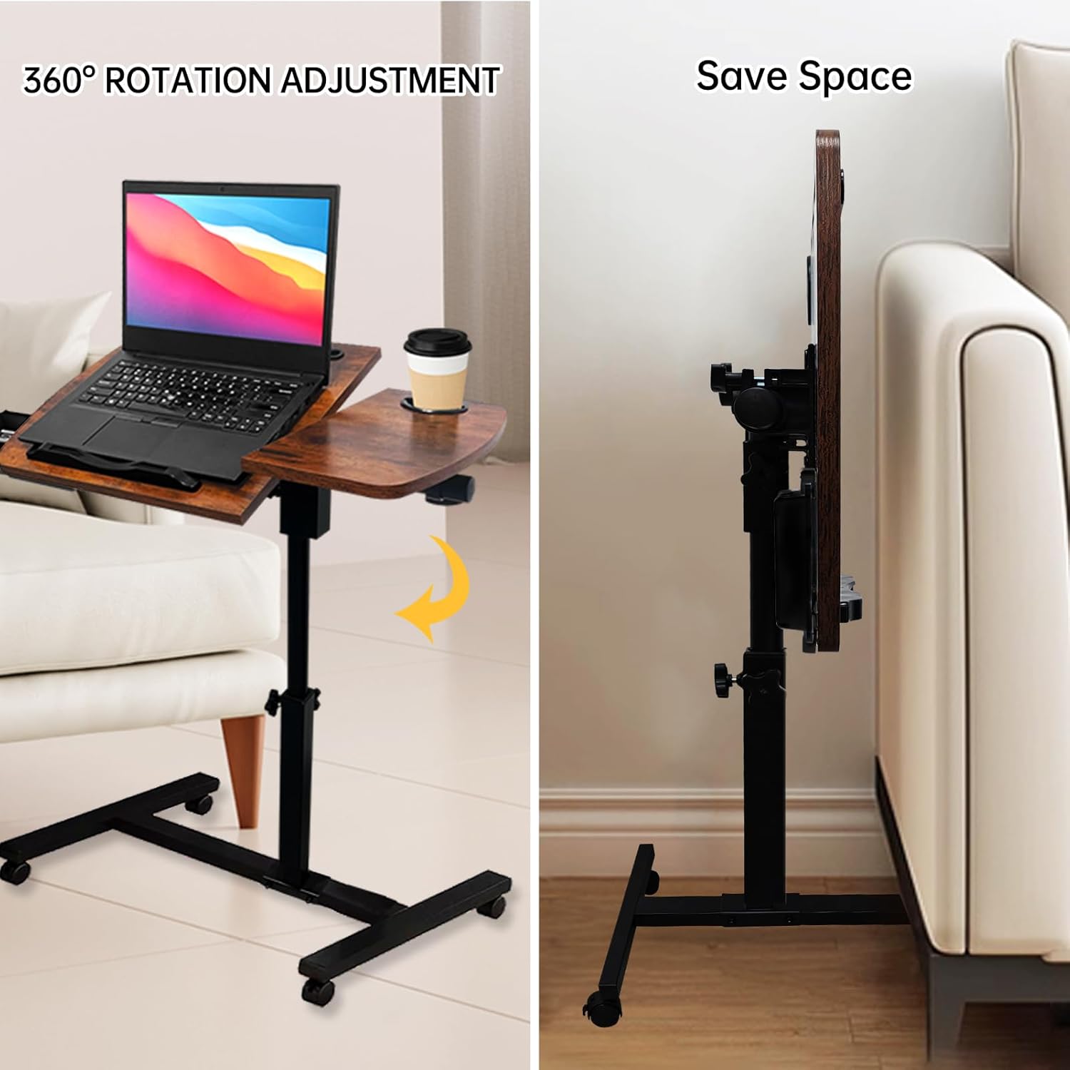 Overbed Table Height Adjustable Bedside Table Hospital Bed Table with 2 Tilting Desktops Mobile Laptop Desk with 2 Tilting Desktops Cup Holder Drawer for Office Home and Hospital