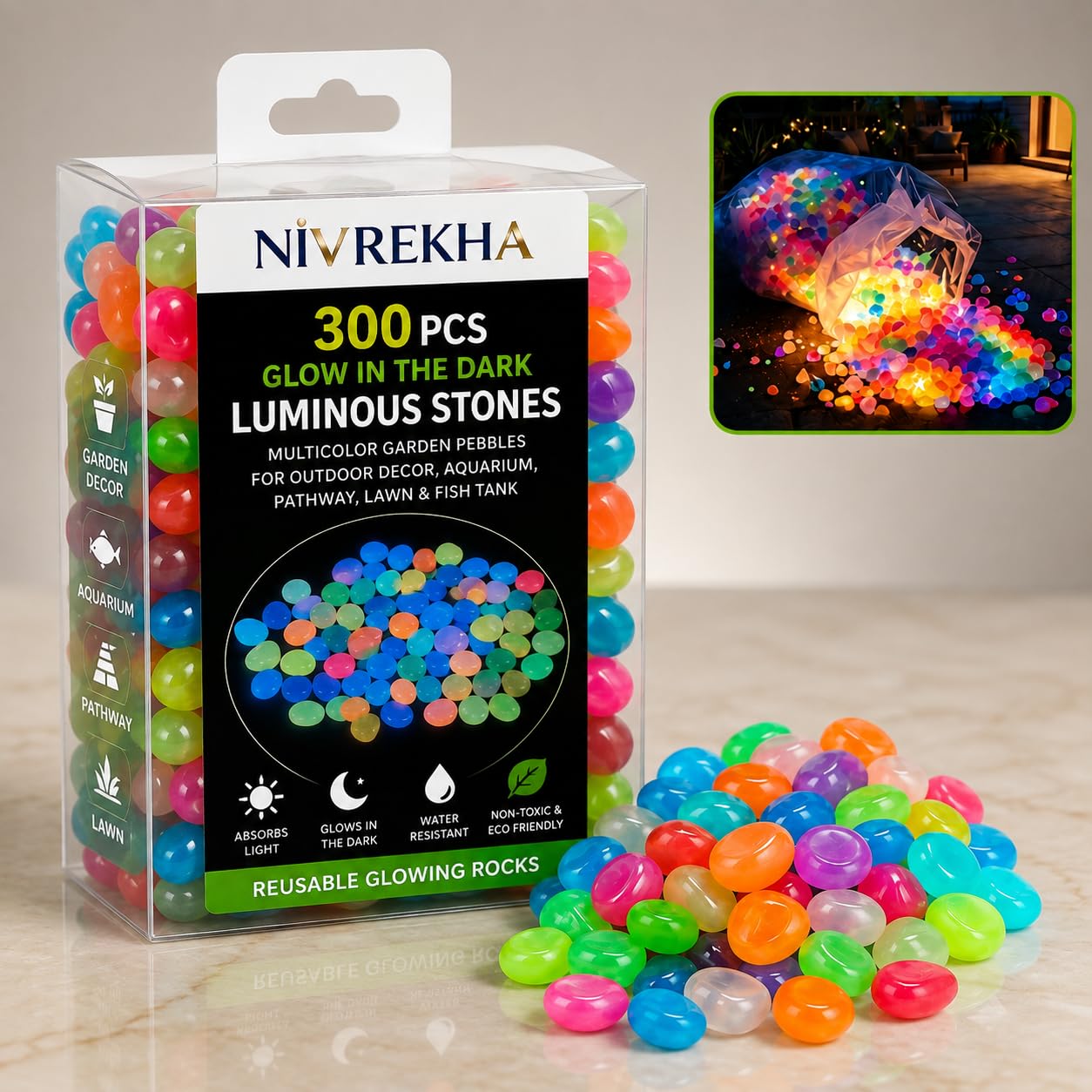 Glow in The Dark Pebbles 300 Pcs – Luminous Decorative Stones for Garden, Aquarium, Fish Tank, Plant Pots, Vase Fillers, Garden, Walkway,Outdoor & Home Décor Glow Rocks (Multicolor)-image-44