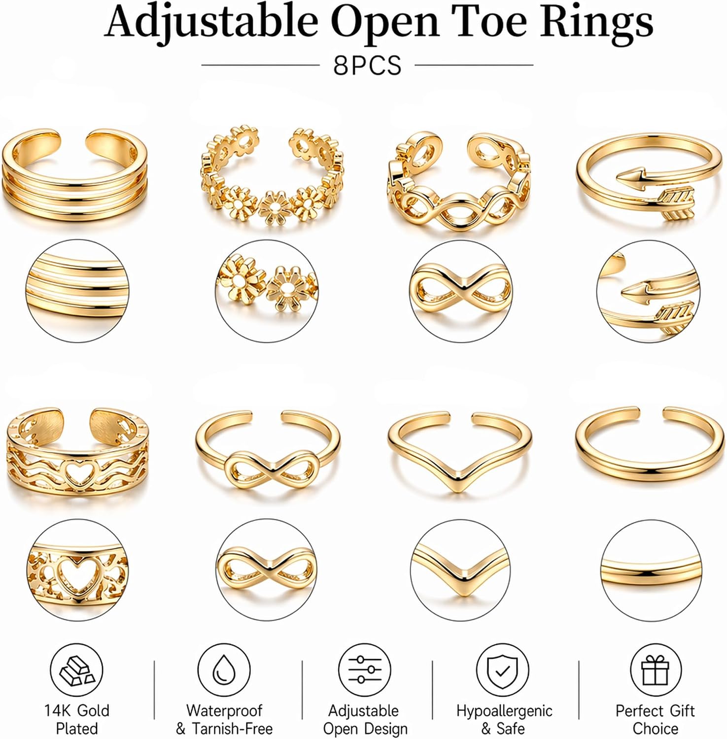 8Pcs Gold Filled Toe Rings for Women, Adjustable Band Ring Open Toe Rings Set Arrow Infinity Hollow-out Flower Finger Tail Summer Beach Foot Jewelry for Women