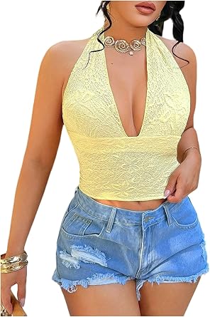 BEAUDRM Womens Lace Going Out Tops Sexy Polka Dots Elegant Halter Tops Y2k Tie Backless Sleeveless Fitted Party Club Outfits