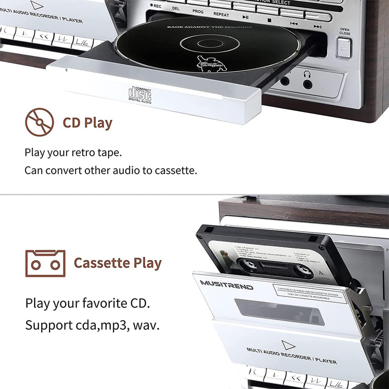 Giradischi Bluetooth con altoparlante stereo, convertitore da vinile LP a MP3, lettore CD, cassetta, radio AM/FM, telecomando per gli amanti della musica in vinile