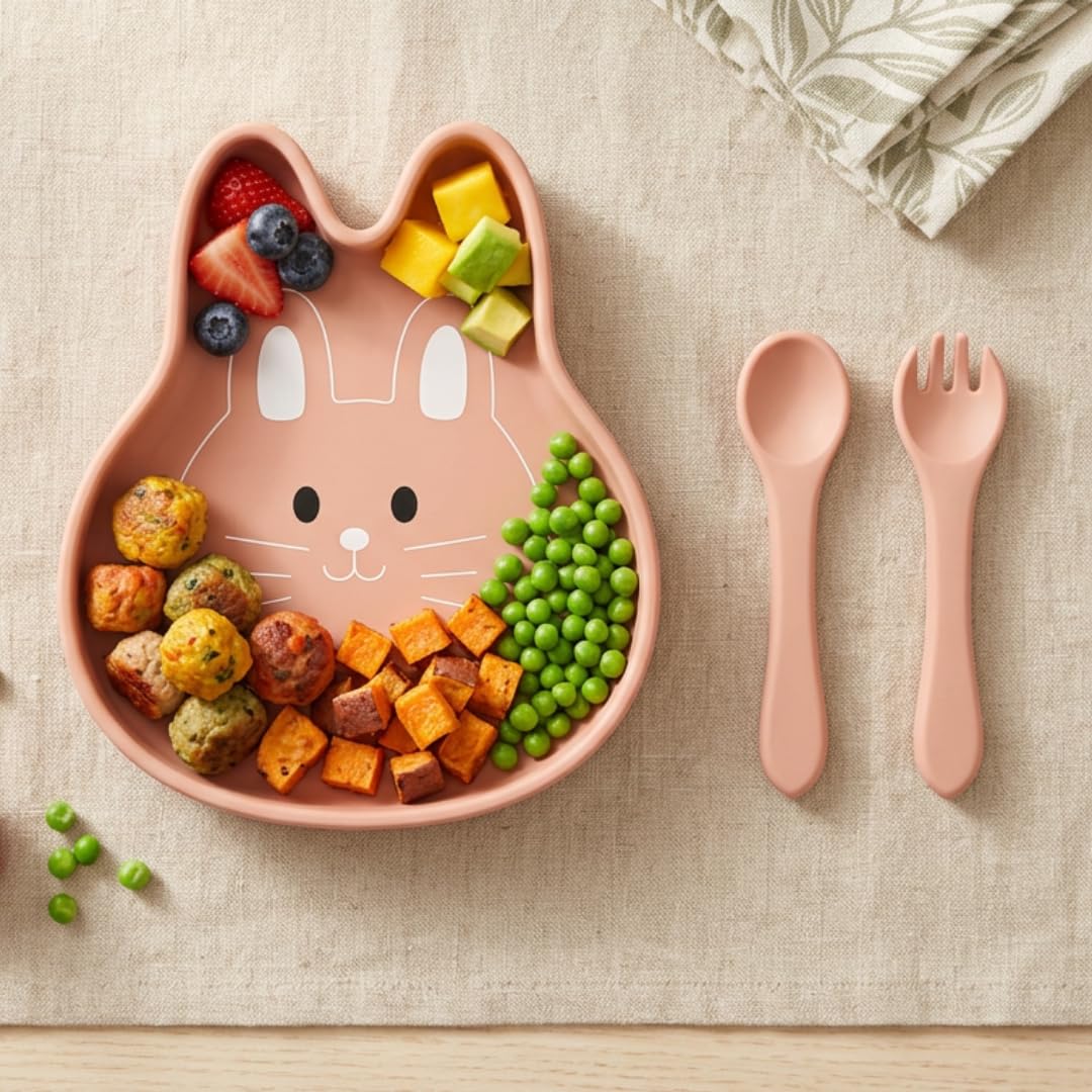TIGGY & BONNET Rabbit 2 Pcs Silicone Baby Feeding Set for Baby Bpa-Free | Microwave Safe, Anti-Slip Base | Tableware Kit for Babies & Toddlers with Suction Plate & Spoon