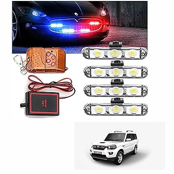 Asryd 3x4 LED Red & Blue Police Strobe Flash Light with Wireless Remote Control Emergency Warning Multi Flashing Waterproof 12V For Mahindra Scorpio, Black