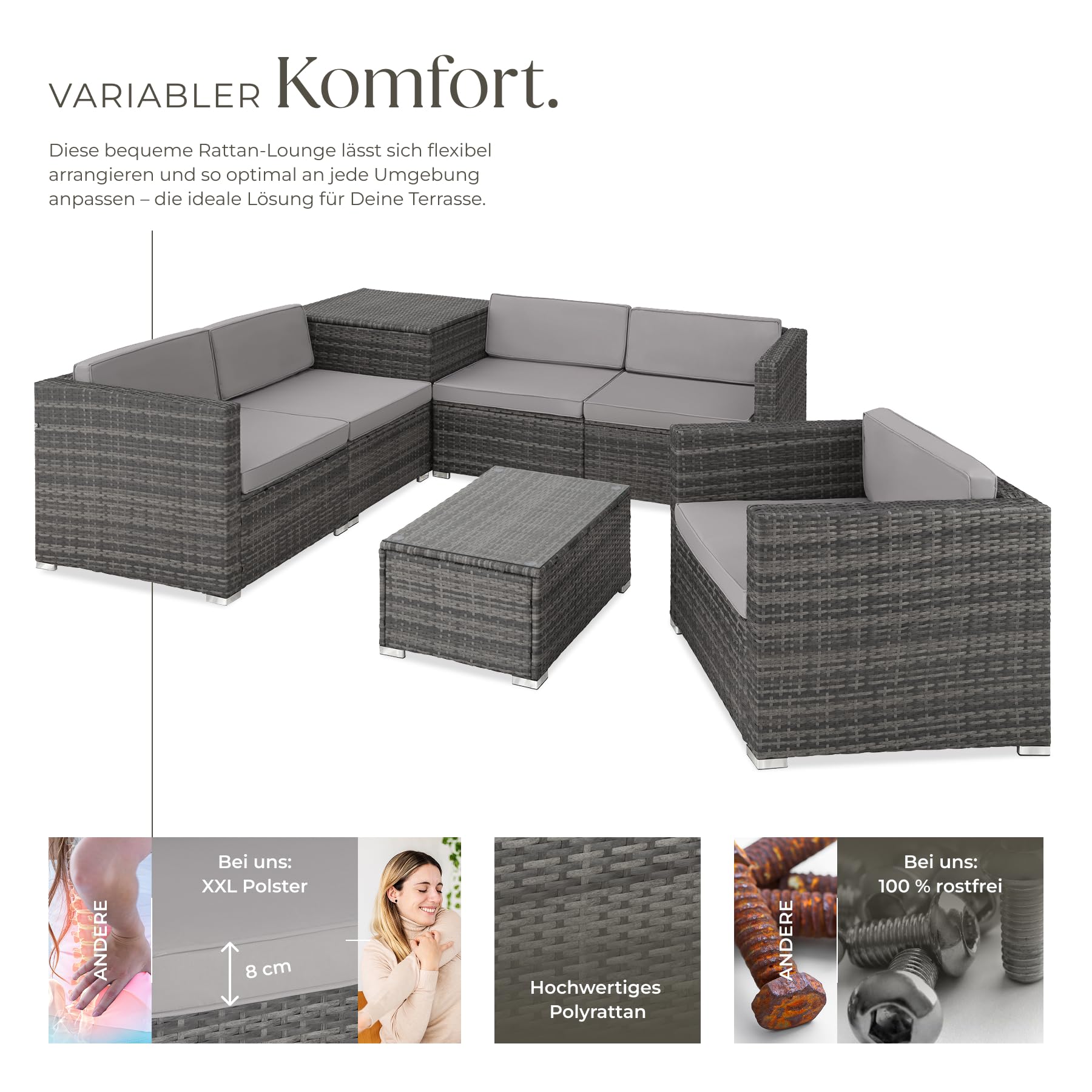tectake Polyrattan Sitzgruppe mit Aufbewahrungsbox für Polster, Tisch mit Glasplatte, frei zu gruppierendes Gartenmöbel Set, Rattan Lounge für den Garten – Balkonmöbel, Balkonmöbel Kleiner Balkon