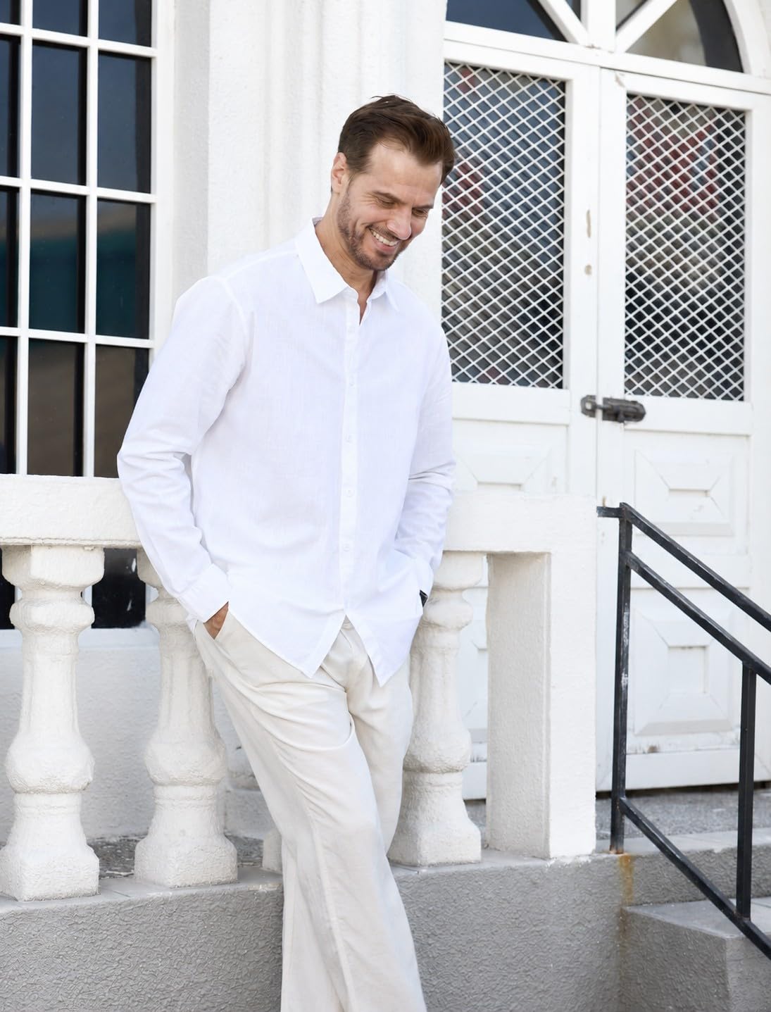 Camisa para Hombre Manga Larga, Camisa Informal de Lino-Algodón, Corte Estándar, Parte Superior Casual de Negocios, Ideal para Vacaciones Playa Verano