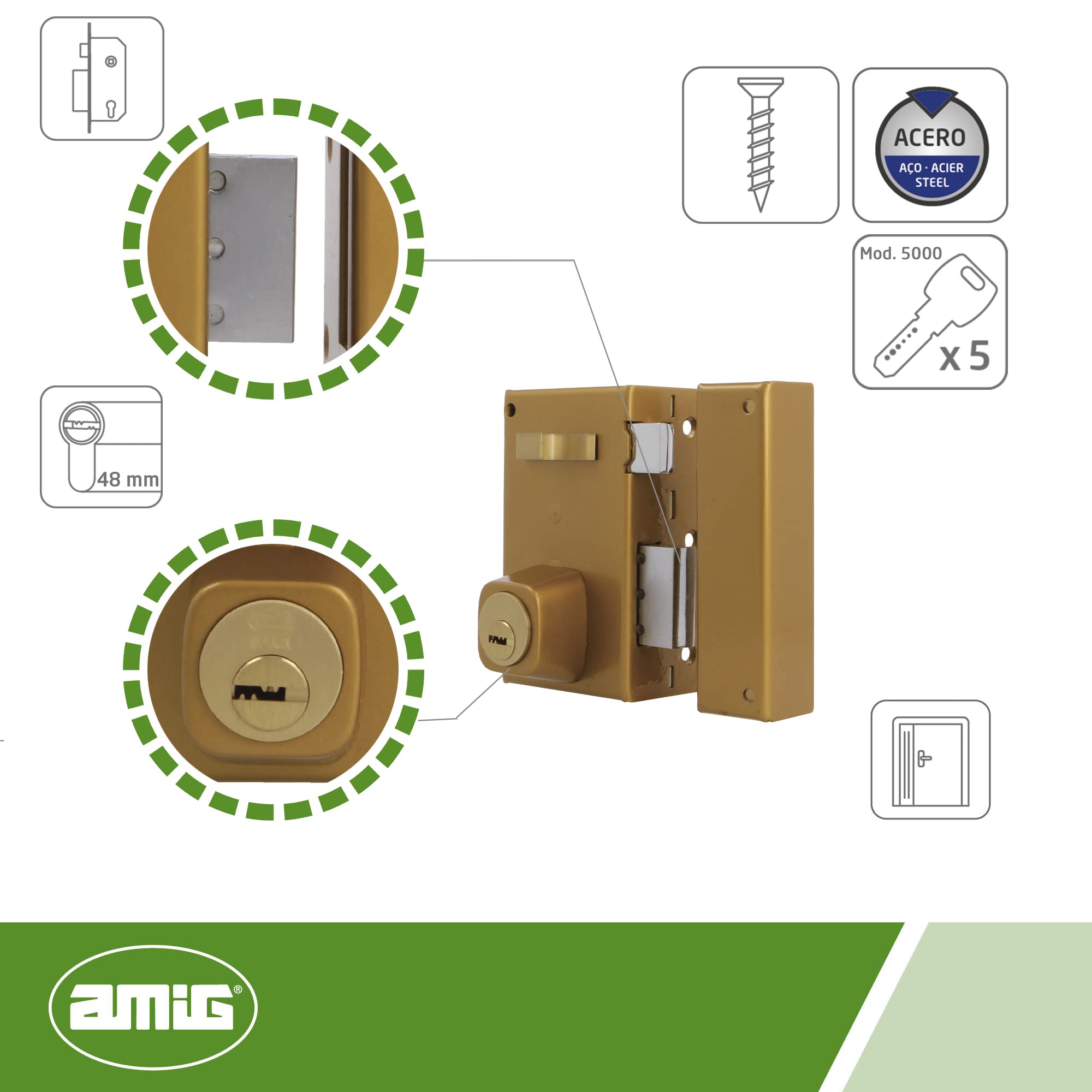 Amig - Verrou de suralimentation droite avec levier de fermeture, languette et poignée pour porte en bois Mod. 75 | 67 x 112 mm | Cylindre rond de sécurité | Acier doré
